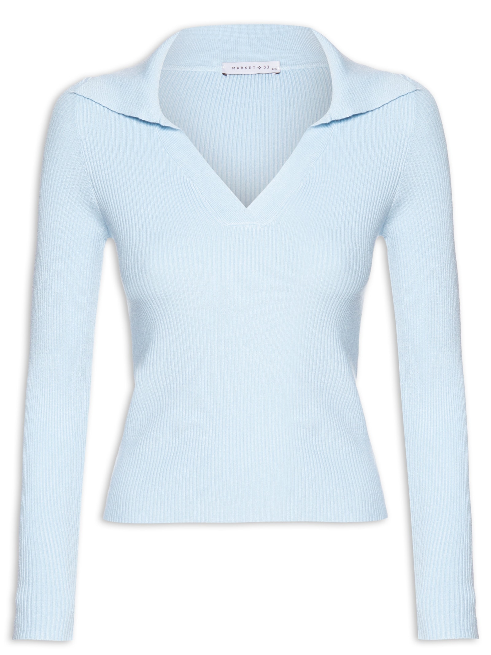 Blusa De Manga Longa Feminina Em Tricot Com Gola Polo Azul Market 33