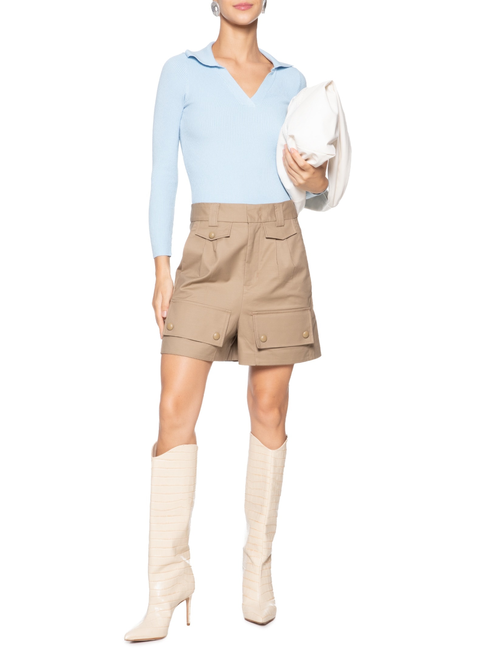 Blusa De Manga Longa Feminina Em Tricot Com Gola Polo Azul Market 33