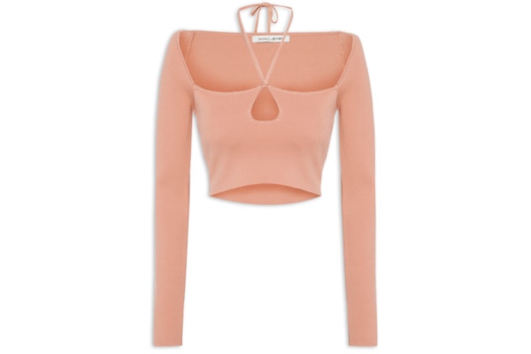 Blusa De Tricot Cropped Com Amarração - Bege