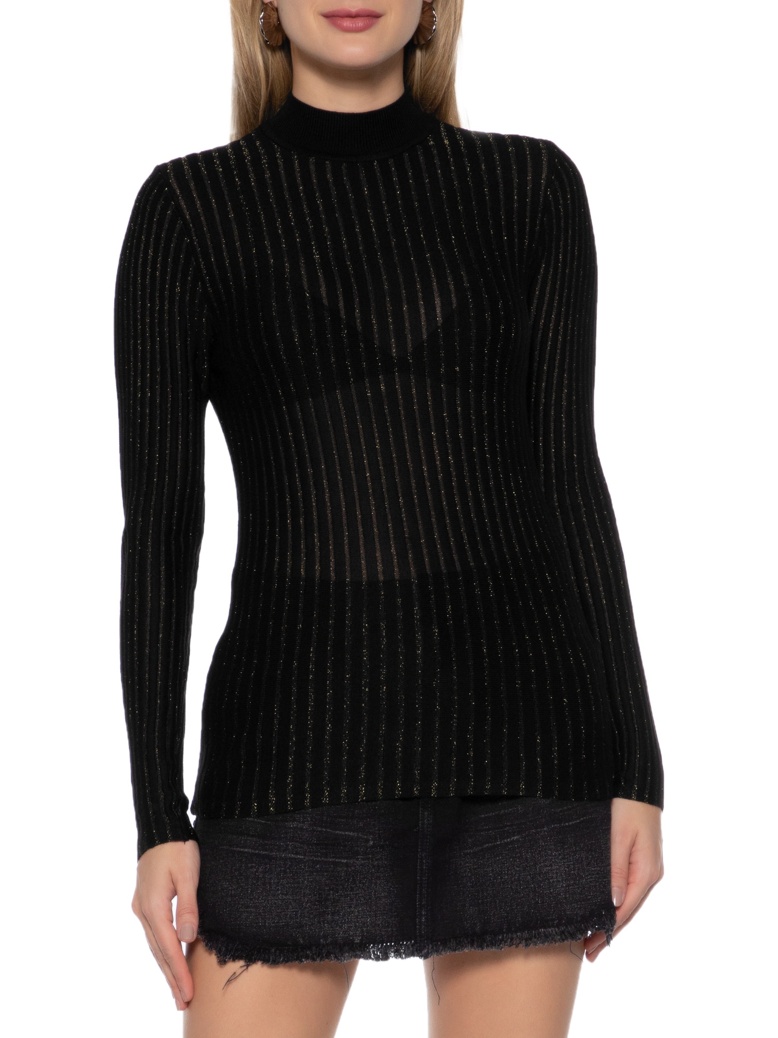 Blusa De Tricot Listrada Com Lurex Preto Animale Jeans