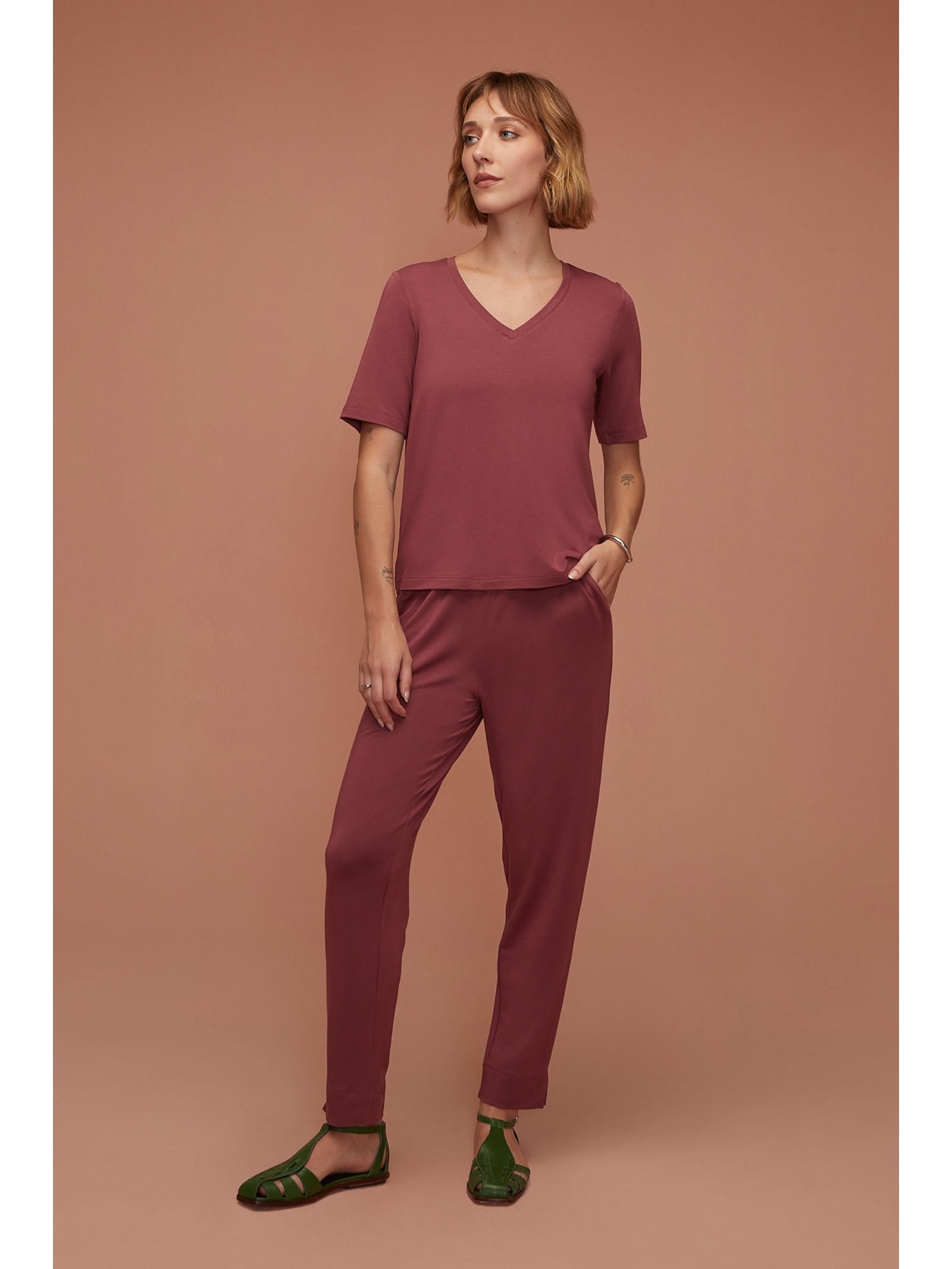 Blusa Decote V Bordô Bambu Yogini