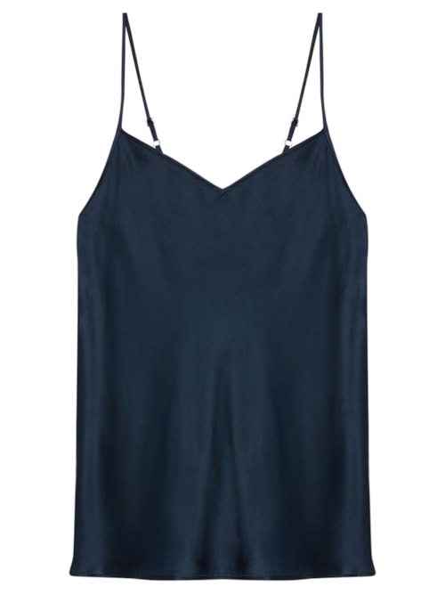 Blusa Em Cetim De Seda Com Decote Em v – Azul