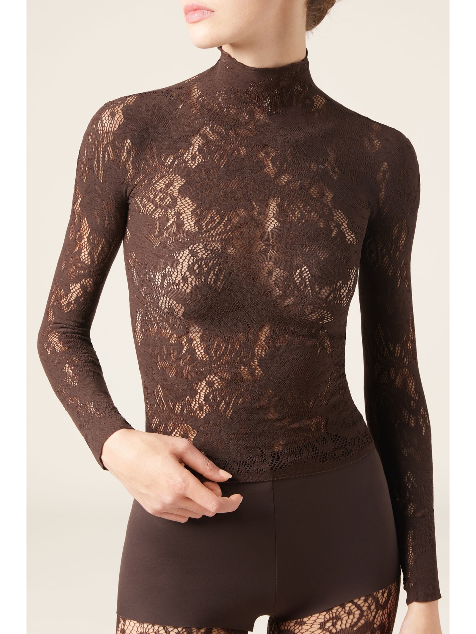 Blusa Em Renda Com Padrão Floral Marrom Calzedonia