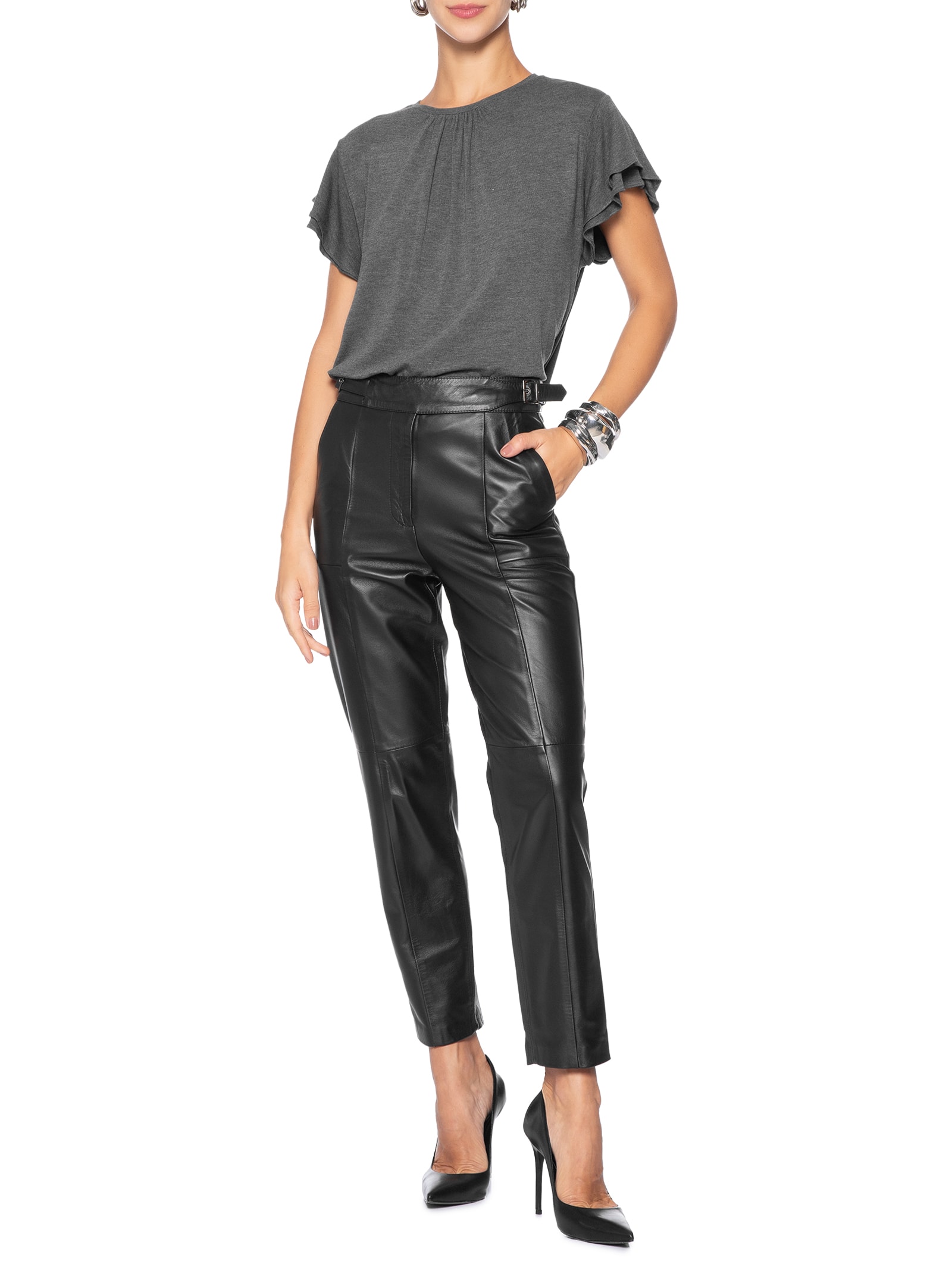 Blusa Feminia em Tricot com Manga Babado Cinza Animale