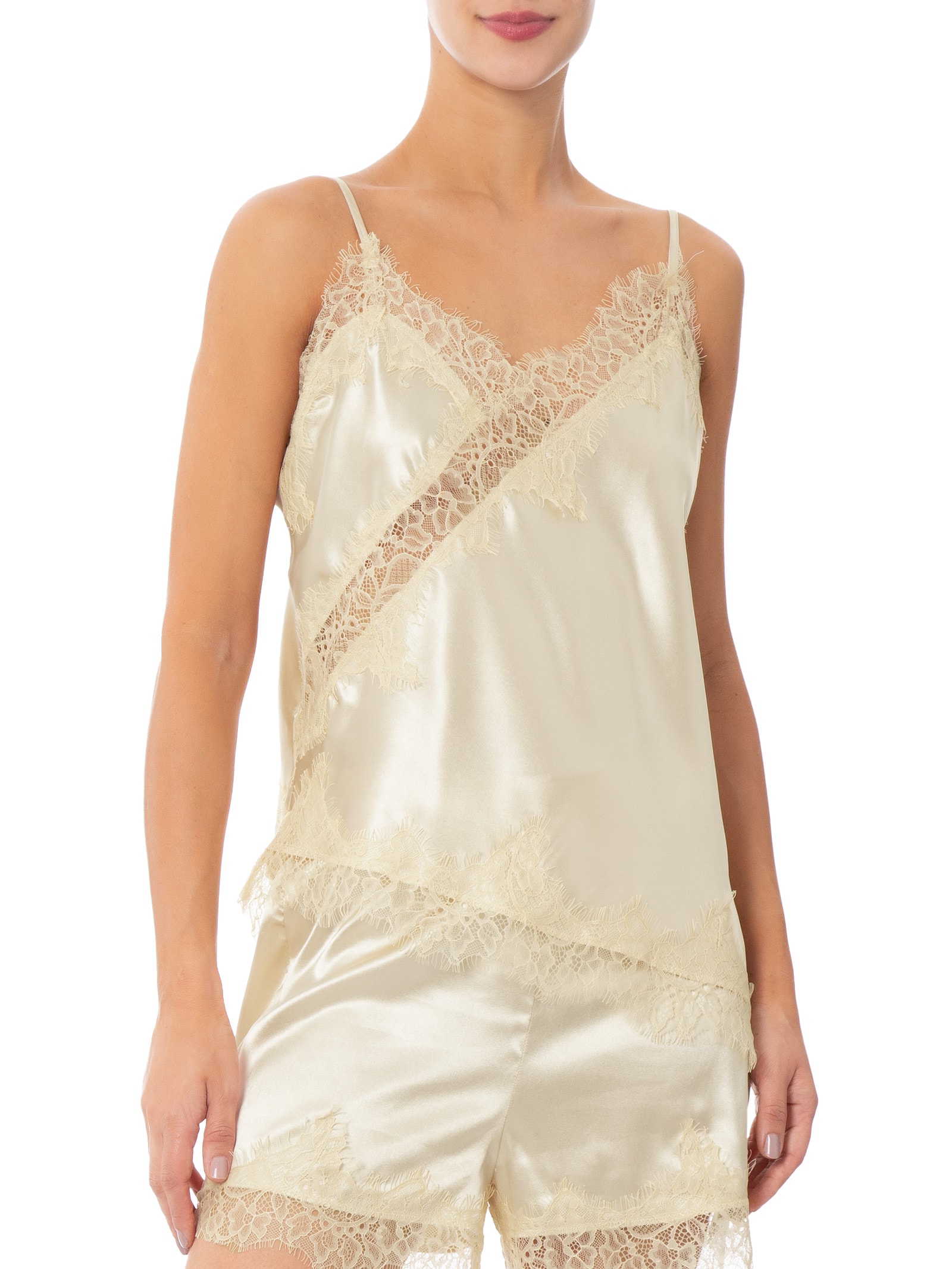Blusa Feminina Acetinada com Renda Assimétrica Bege Market 33