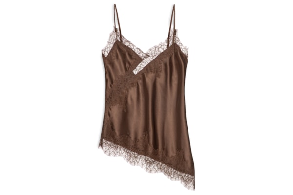 Blusa Feminina Acetinada com Renda Assimétrica - Marrom
