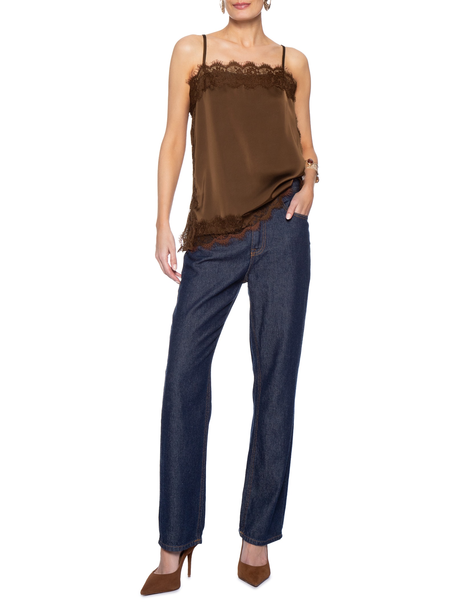 Blusa Feminina Acetinada Com Renda Marrom Market 33