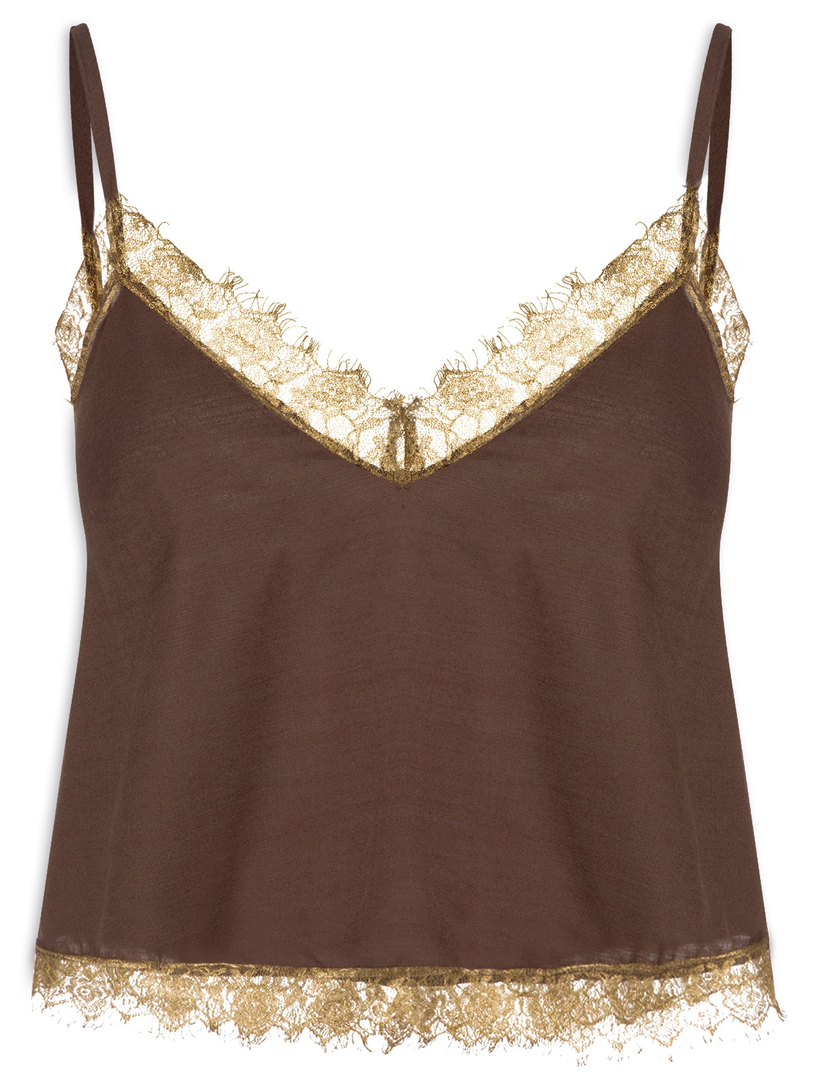 Blusa Feminina Alça Fina Detalhe Renda Marrom Cacay
