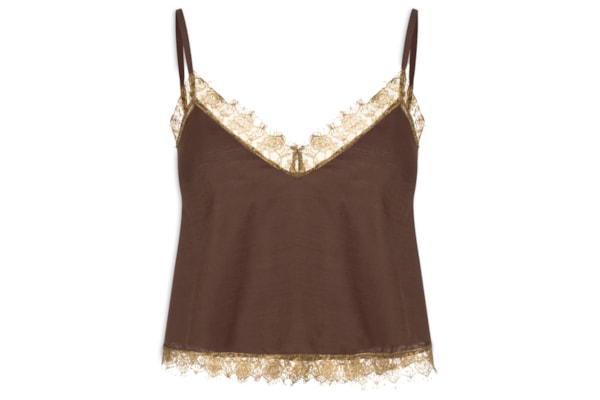 Blusa Feminina Alça Fina Detalhe Renda - Marrom