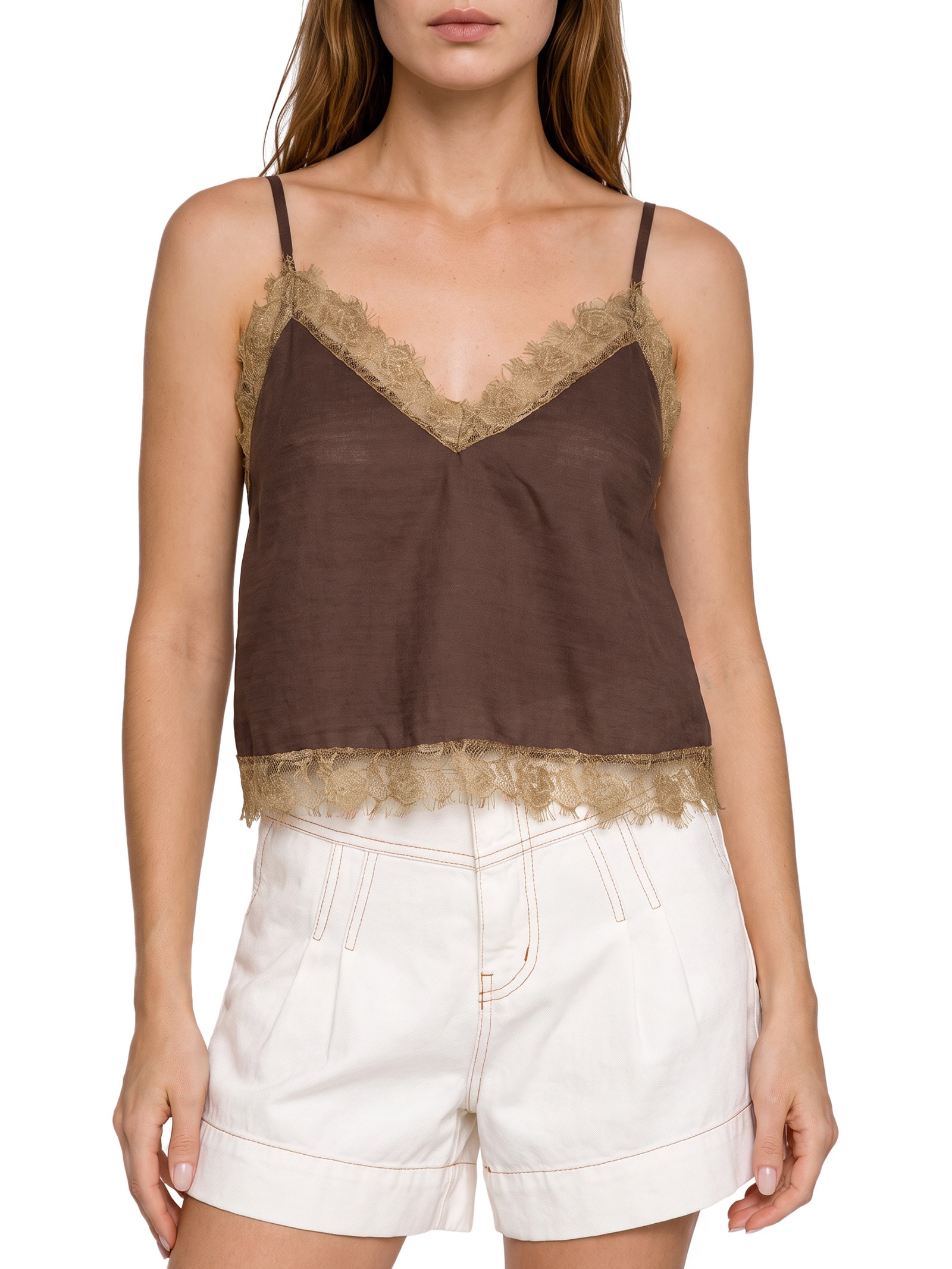 Blusa Feminina Alça Fina Detalhe Renda Marrom Cacay