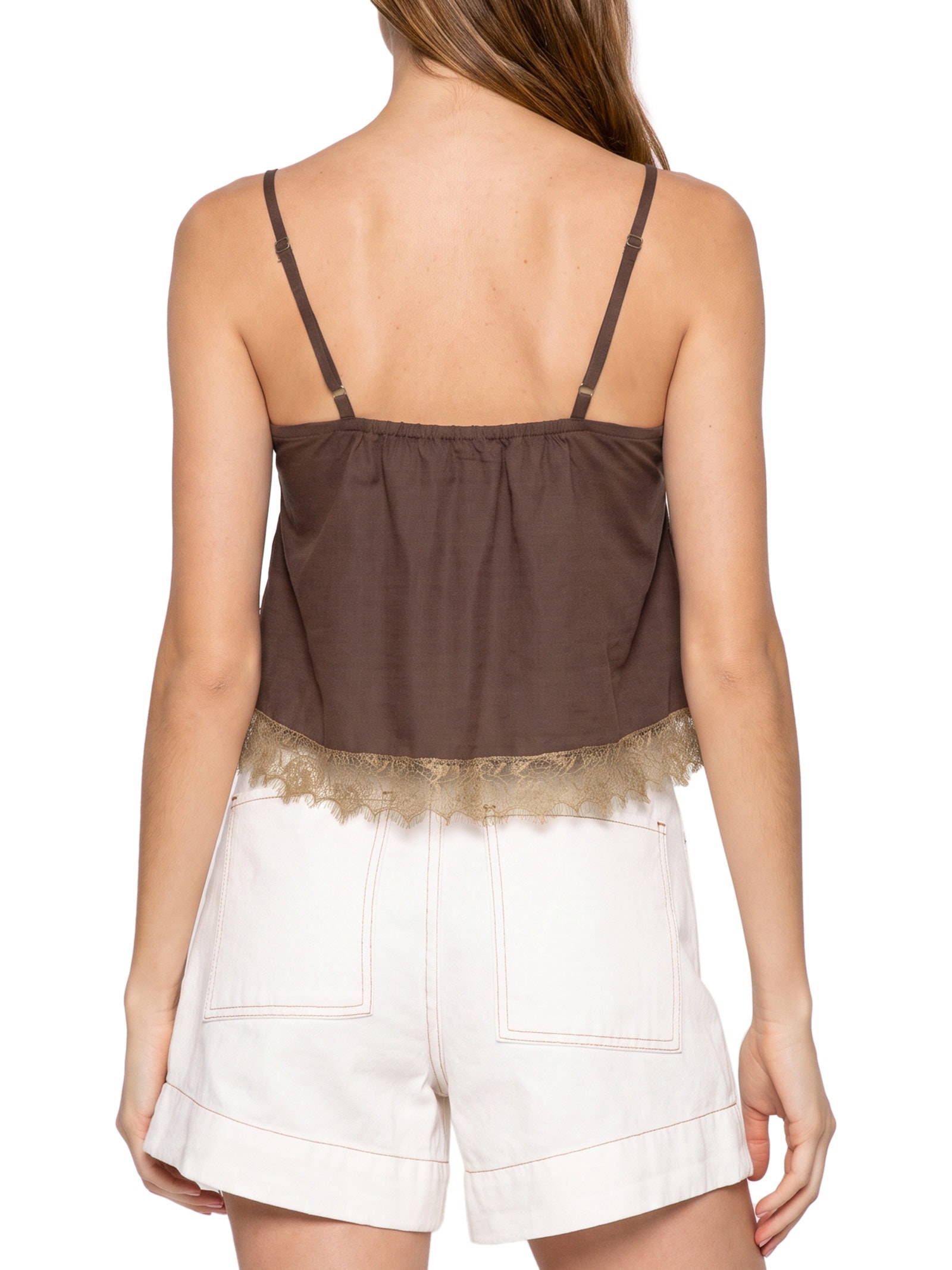 Blusa Feminina Alça Fina Detalhe Renda Marrom Cacay