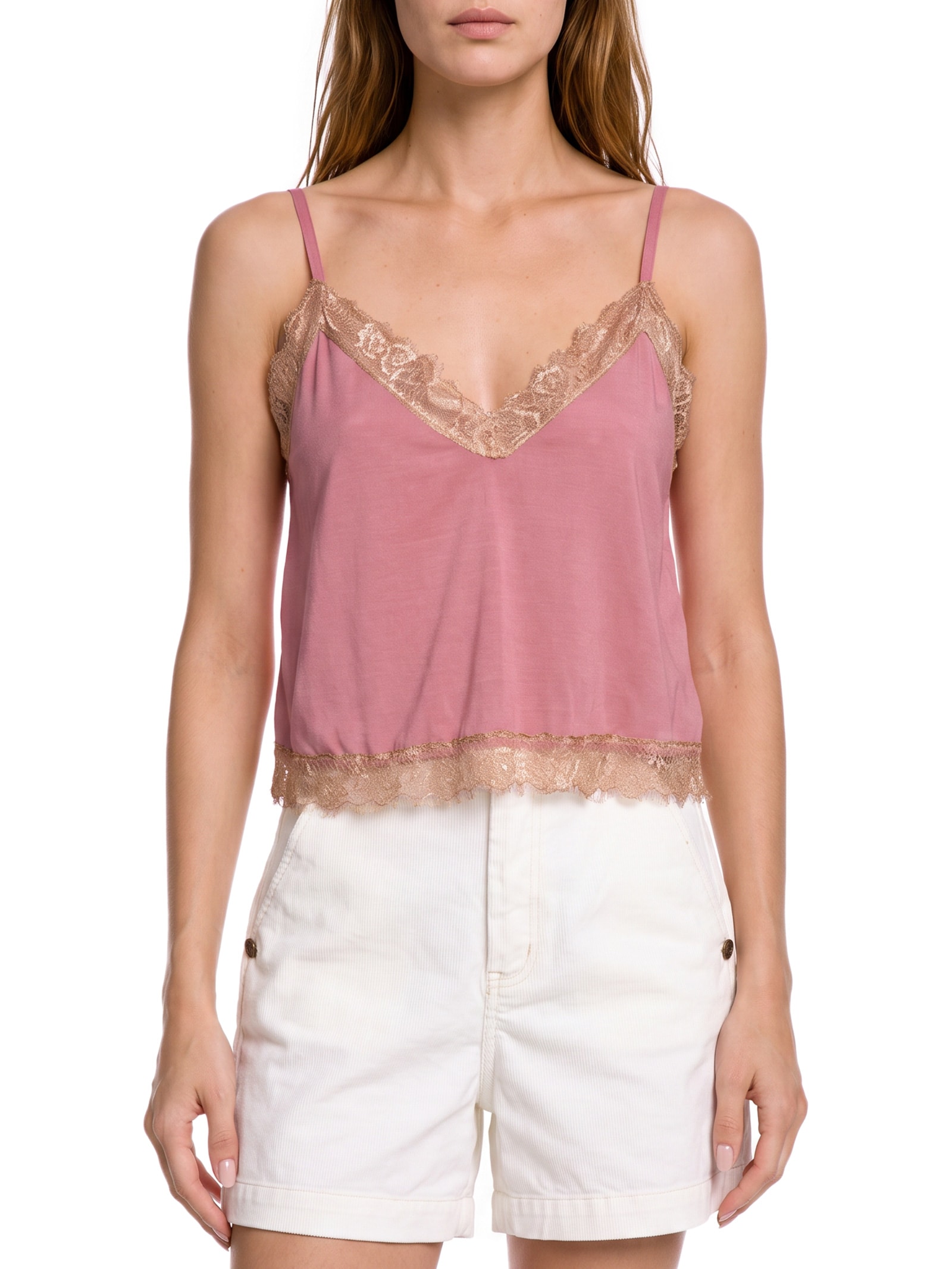 Blusa Feminina Alça Fina Detalhe Renda Rosa Cacay