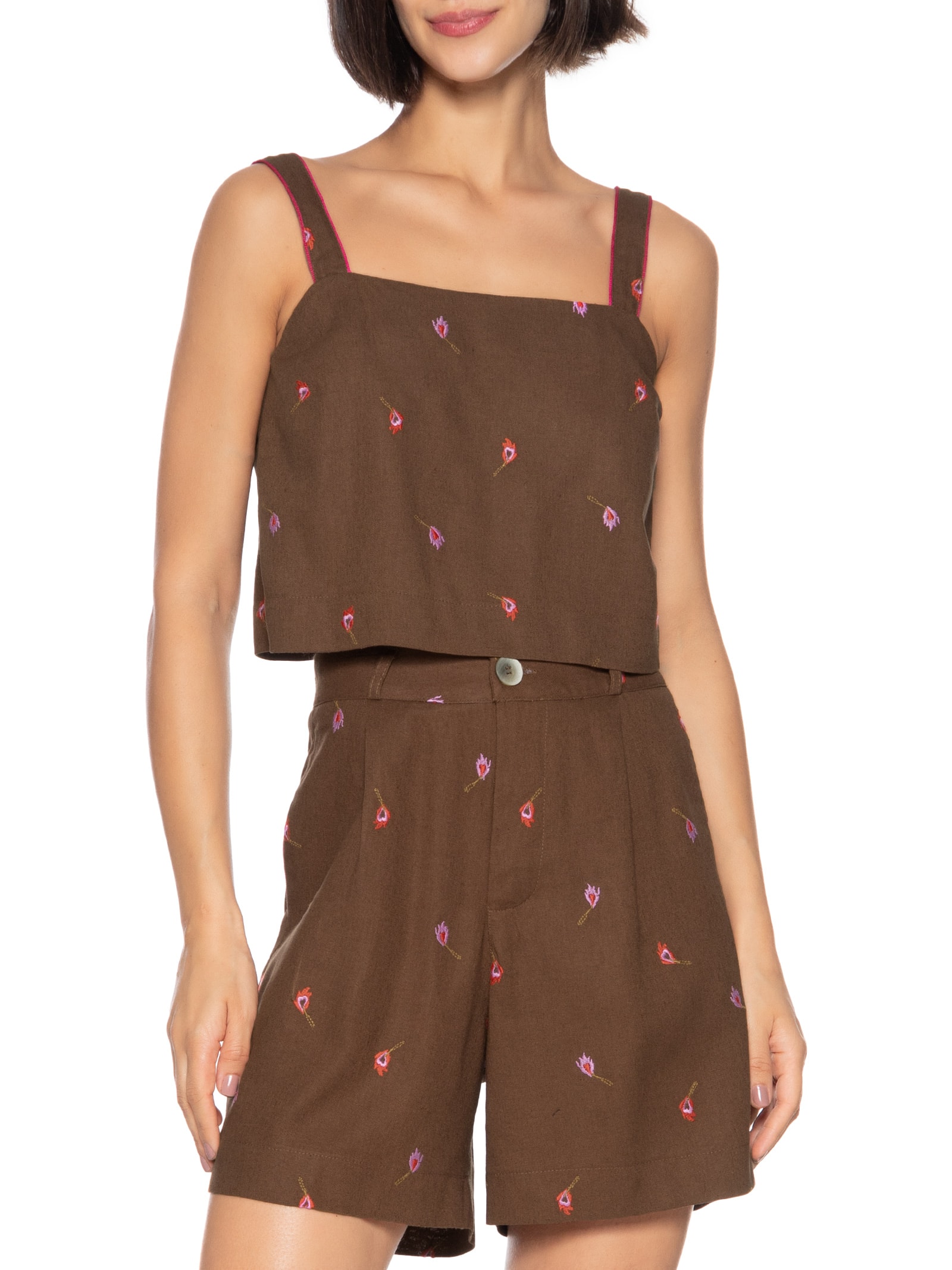 Blusa Feminina Alça Linho Bordado Fósforos Marrom Cantão