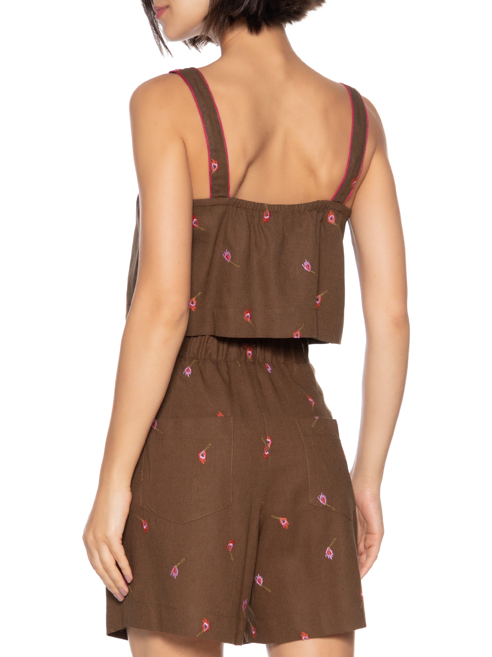Blusa Feminina Alça Linho Bordado Fósforos Marrom Cantão