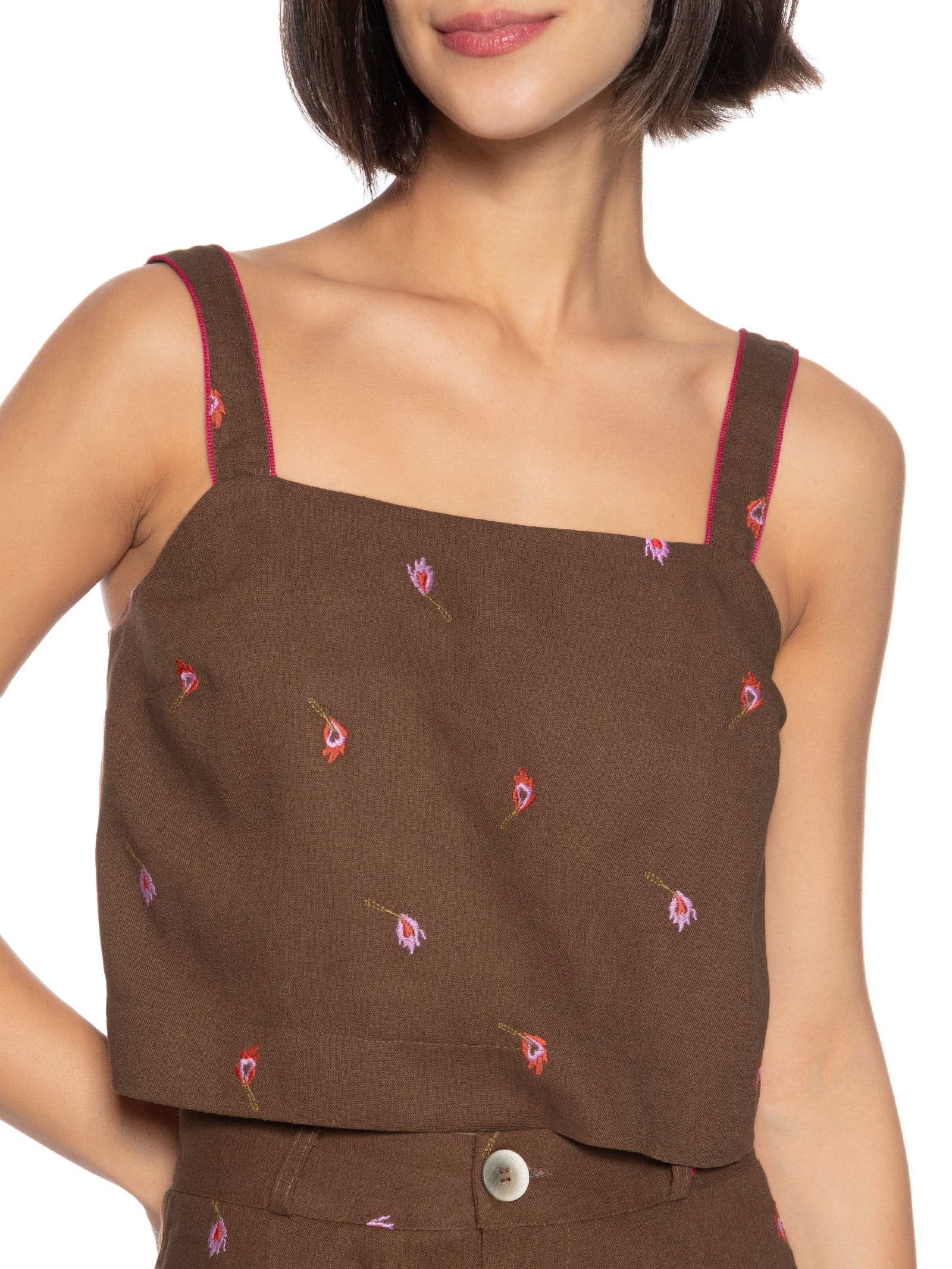 Blusa Feminina Alça Linho Bordado Fósforos Marrom Cantão