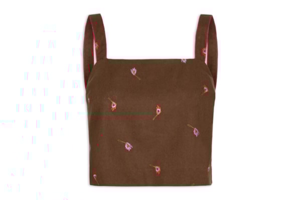 Blusa Feminina Alça Linho Bordado Fósforos - Marrom