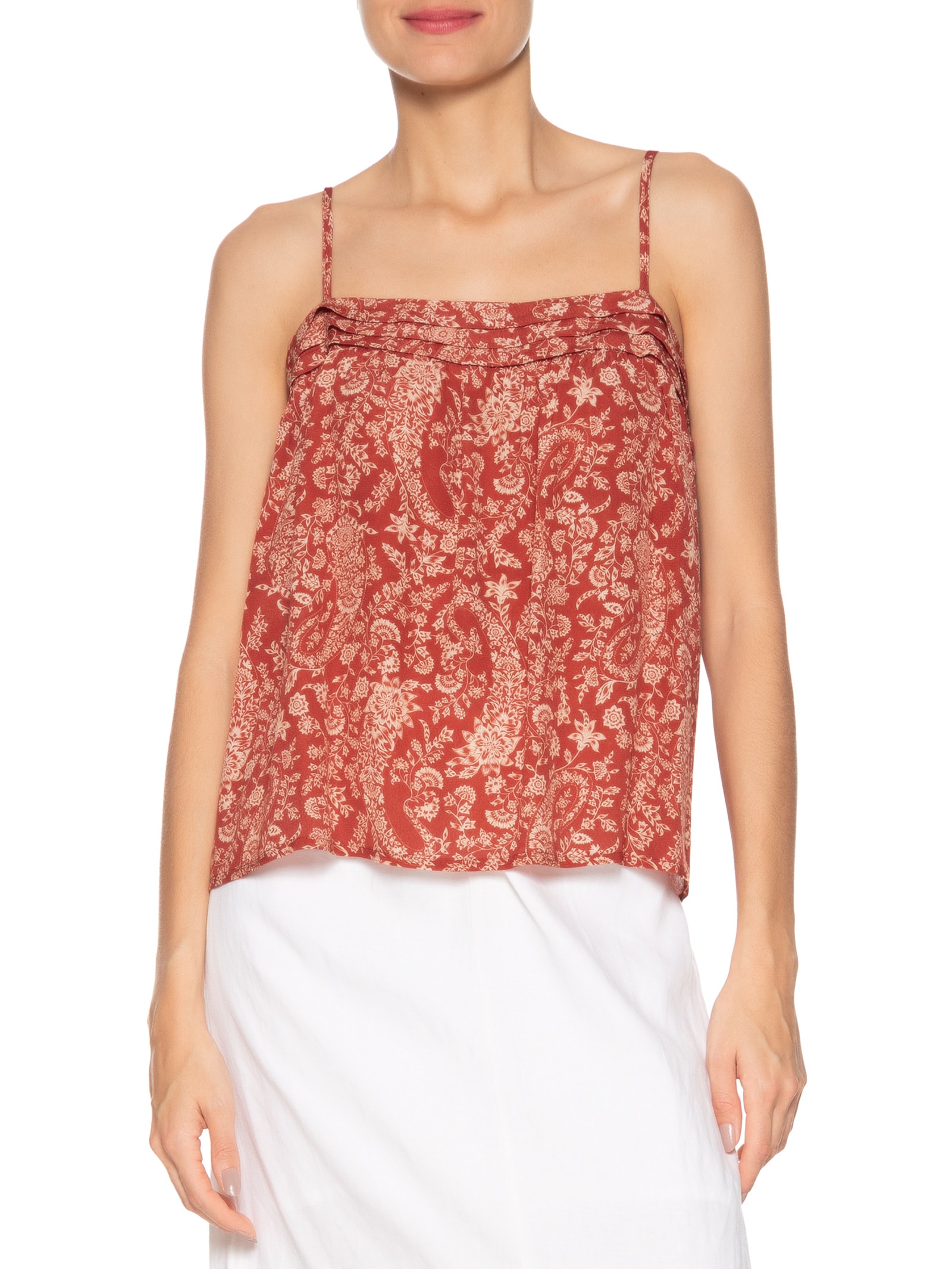 Blusa Feminina Alcinha Pregas Estampa Maze Vermelho Maria Filó