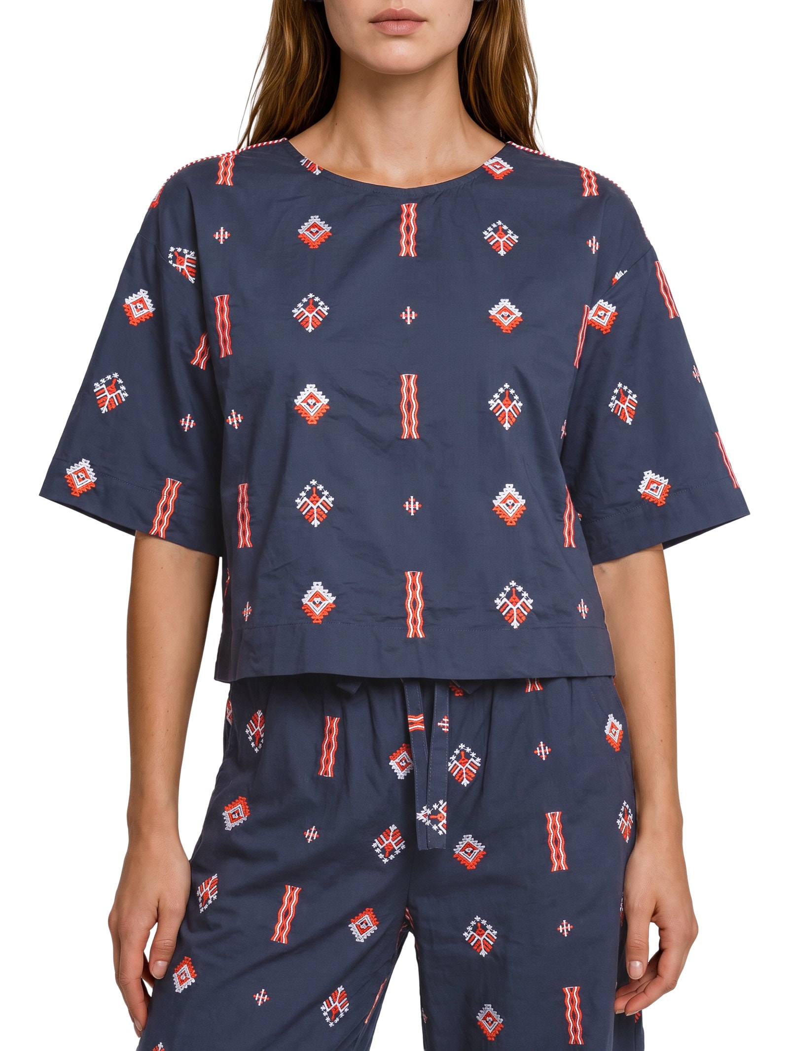 Blusa Feminina Alg Bordado Marine Azul Cantão