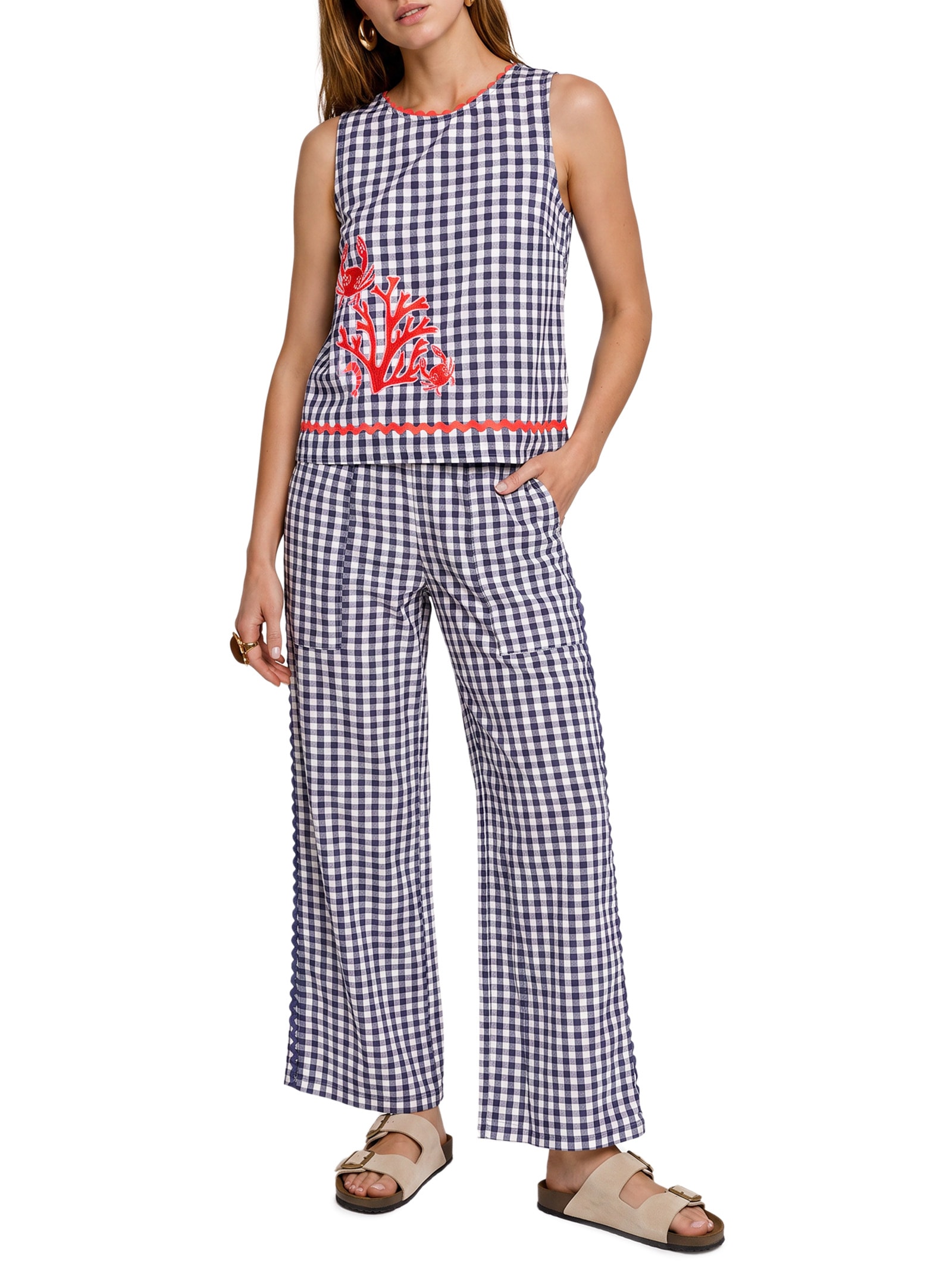 Blusa Feminina Alg Vichy Bordado Azul Cantão