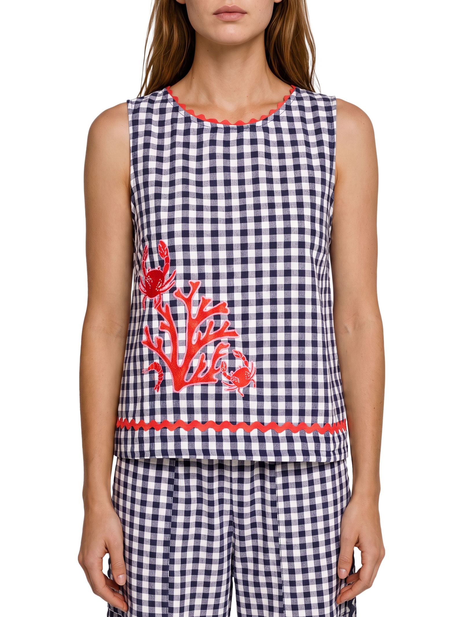 Blusa Feminina Alg Vichy Bordado Azul Cantão