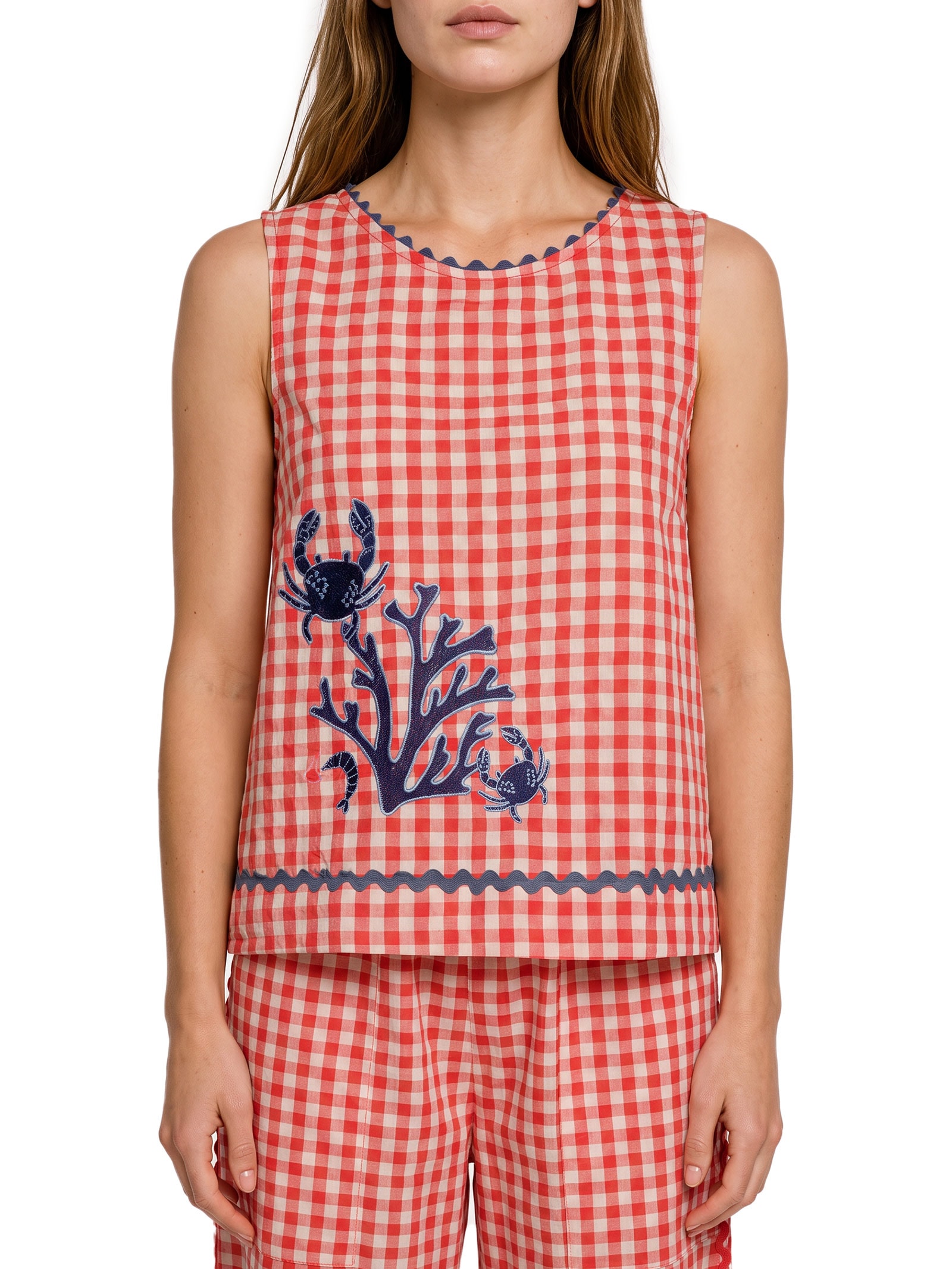 Blusa Feminina Alg Vichy Bordado Vermelho Cantão