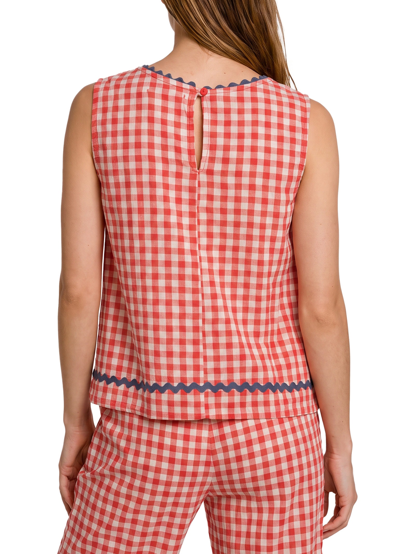 Blusa Feminina Alg Vichy Bordado Vermelho Cantão