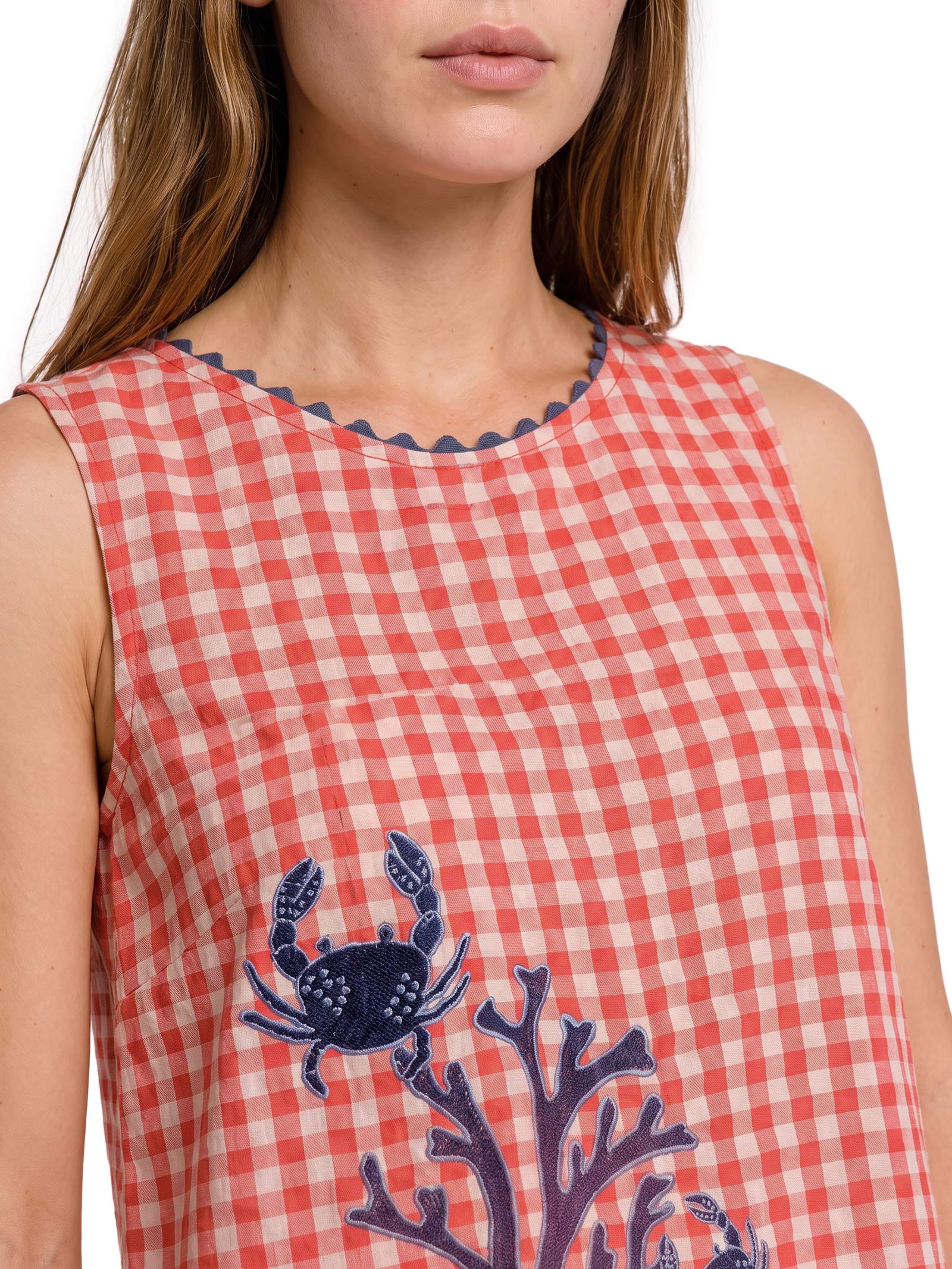 Blusa Feminina Alg Vichy Bordado Vermelho Cantão