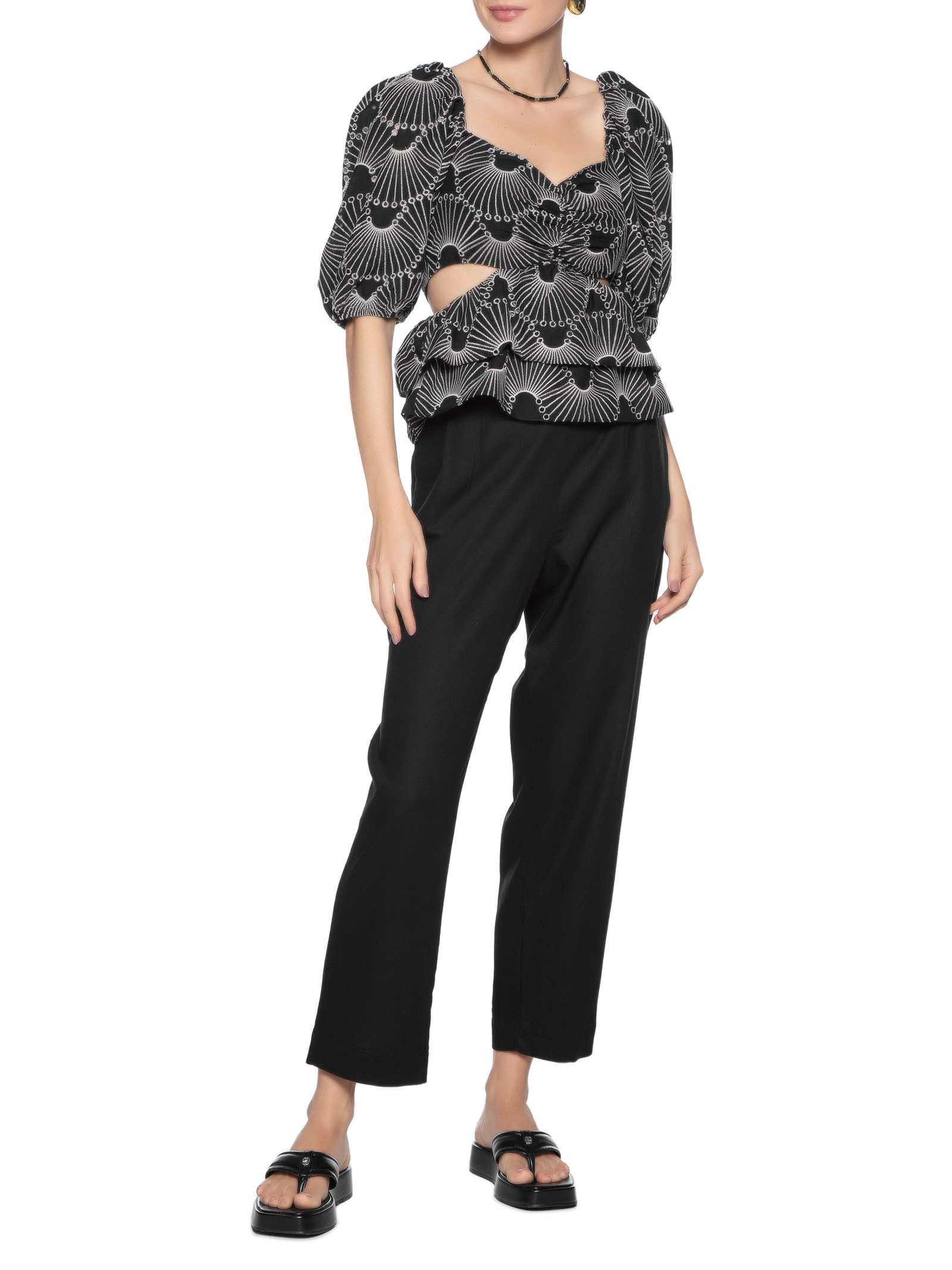 Blusa Feminina Algodão Bordado Ondas Preto Dress To