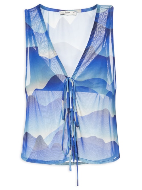 Blusa Feminina Amarração Tule Estampa Urca – Azul