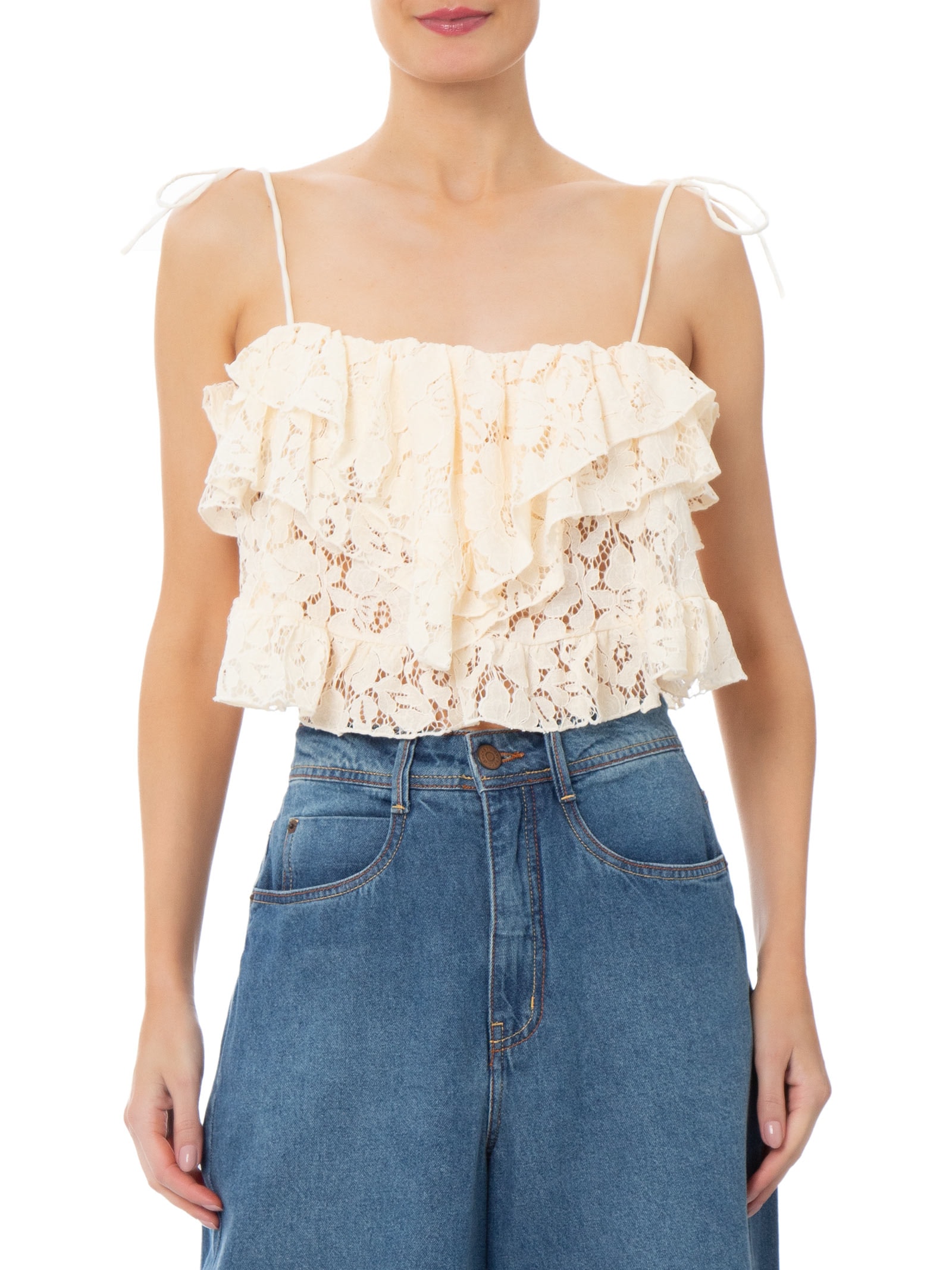 Blusa Feminina Artesanal Babados Bege Farm