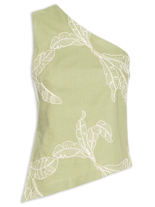 Blusa Feminina Assimétrica Bordado Folhas – Verde