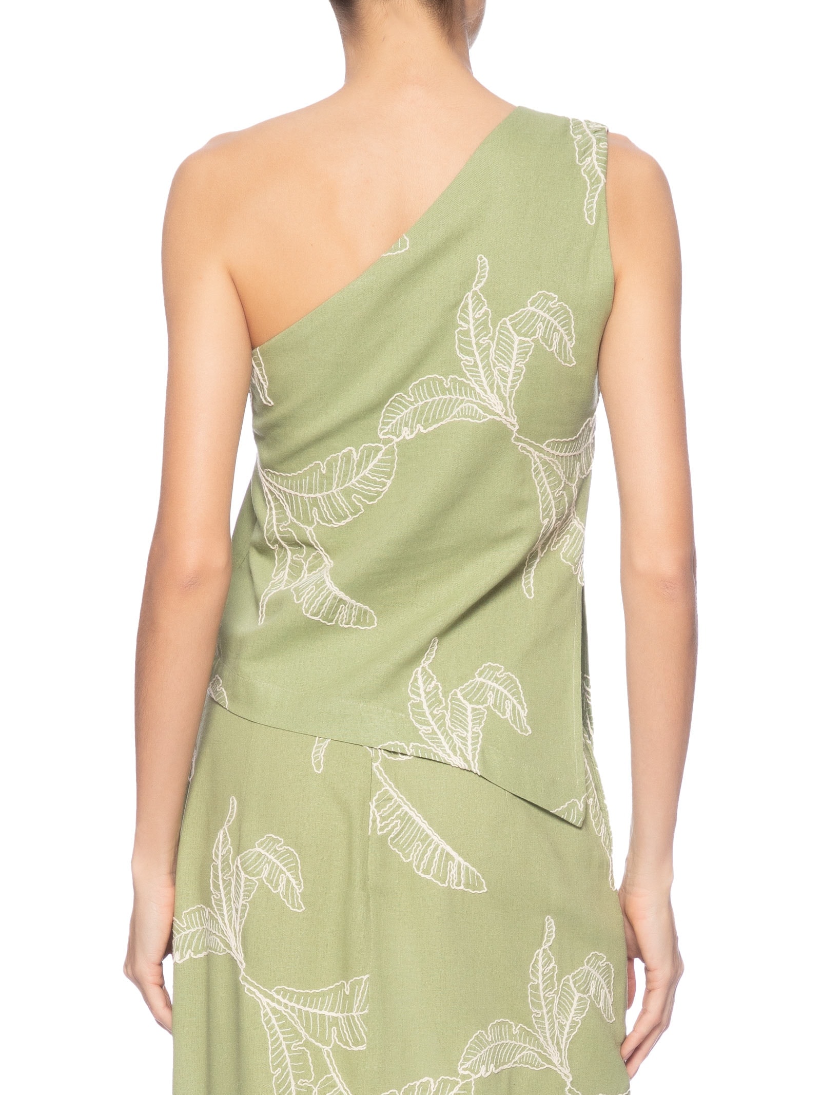 Blusa Feminina Assimétrica Bordado Folhas Verde Dress To