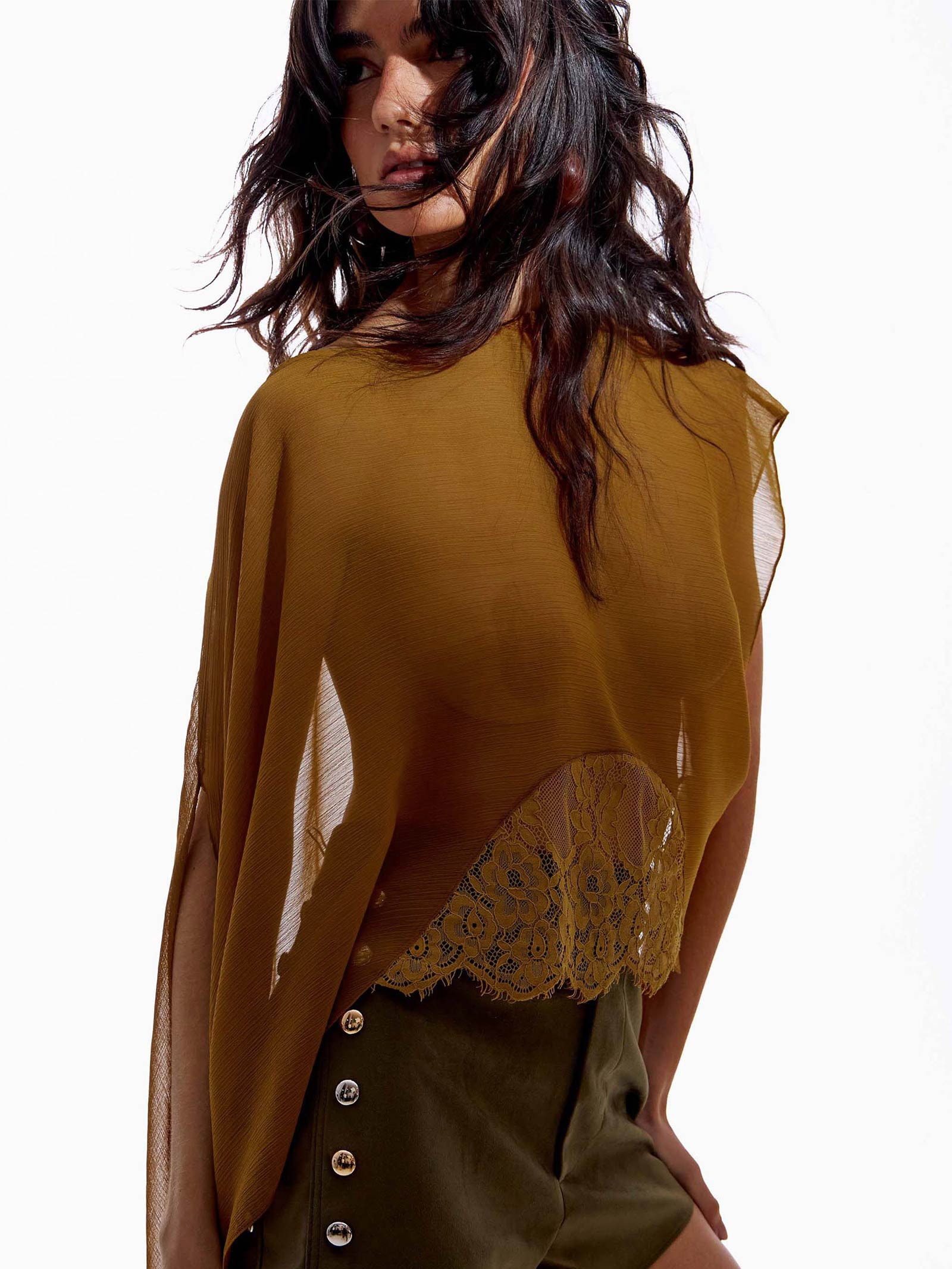 Blusa Feminina Assimétrica Com Renda Marrom My Favorite