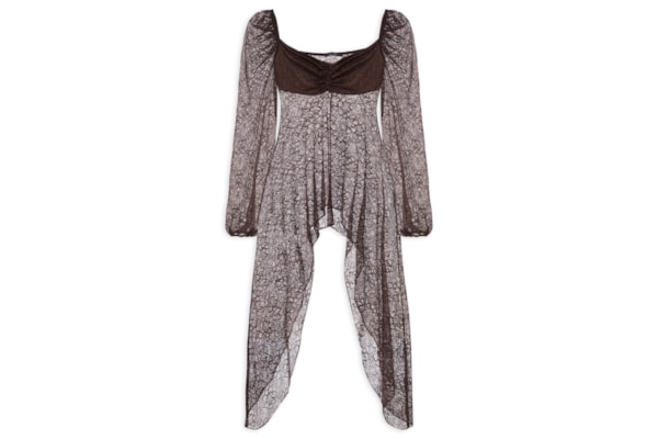 Blusa Feminina Assimétrica Manga Longa De Renda - Marrom