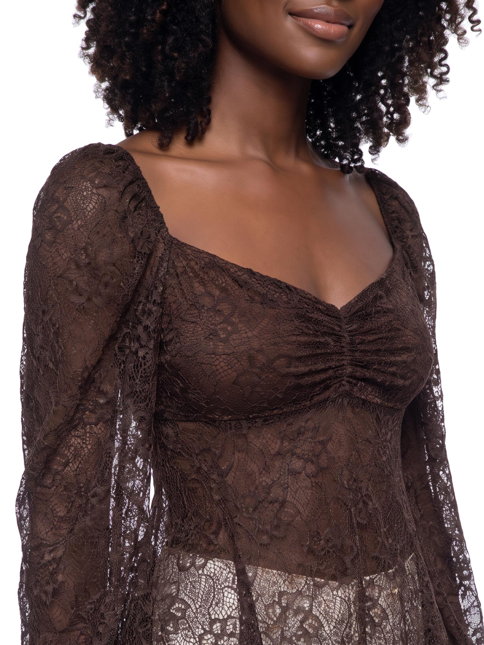 Blusa Feminina Assimétrica Manga Longa De Renda Marrom My Favorite