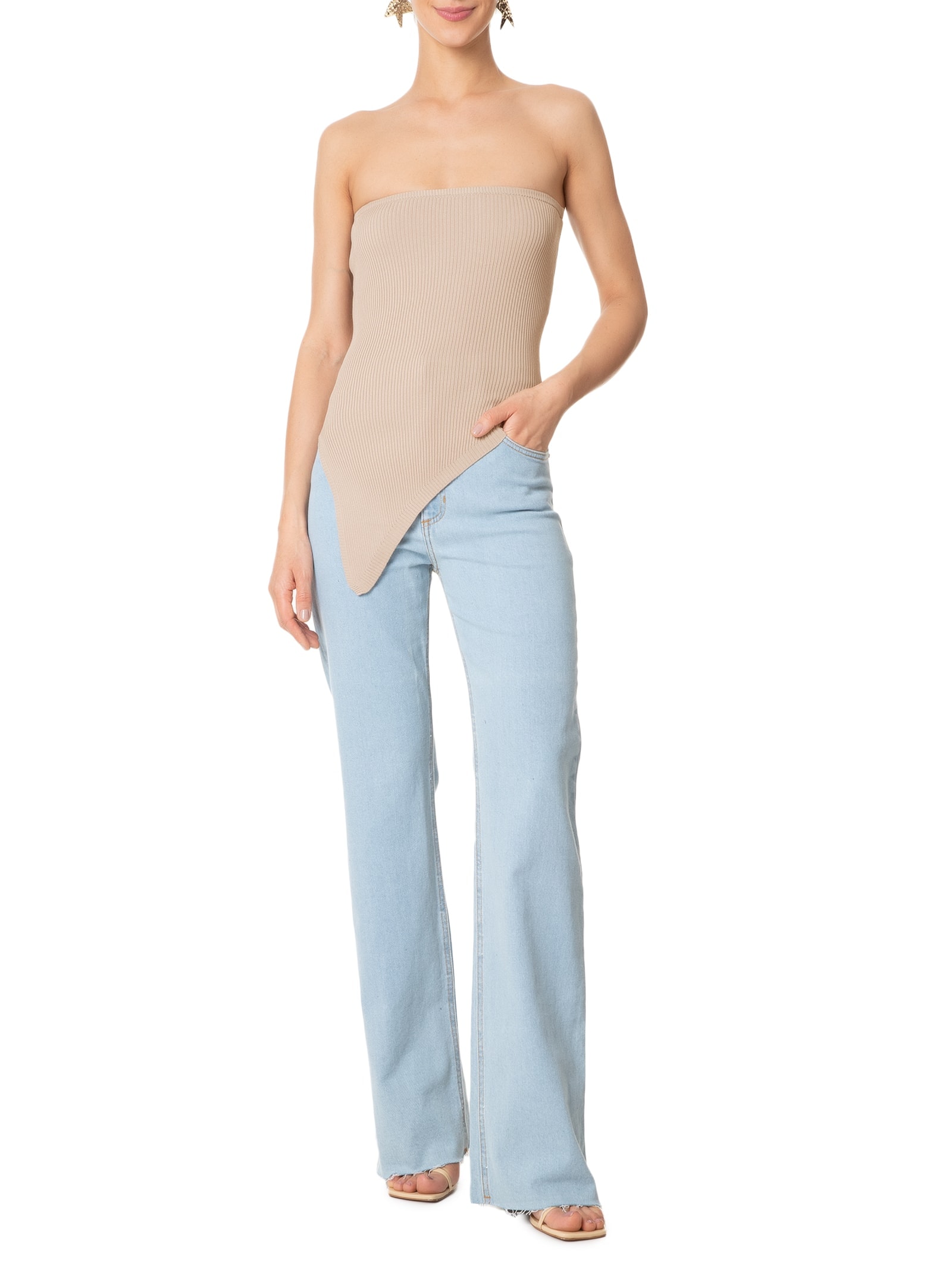 Blusa Feminina Assimétrica Sem manga Bege Market 33