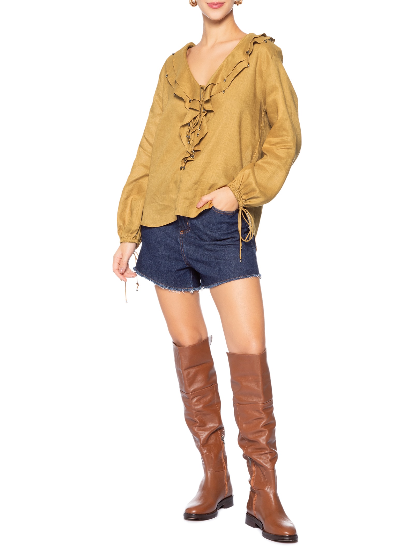 Blusa Feminina Babados em Linho Amarelo Animale