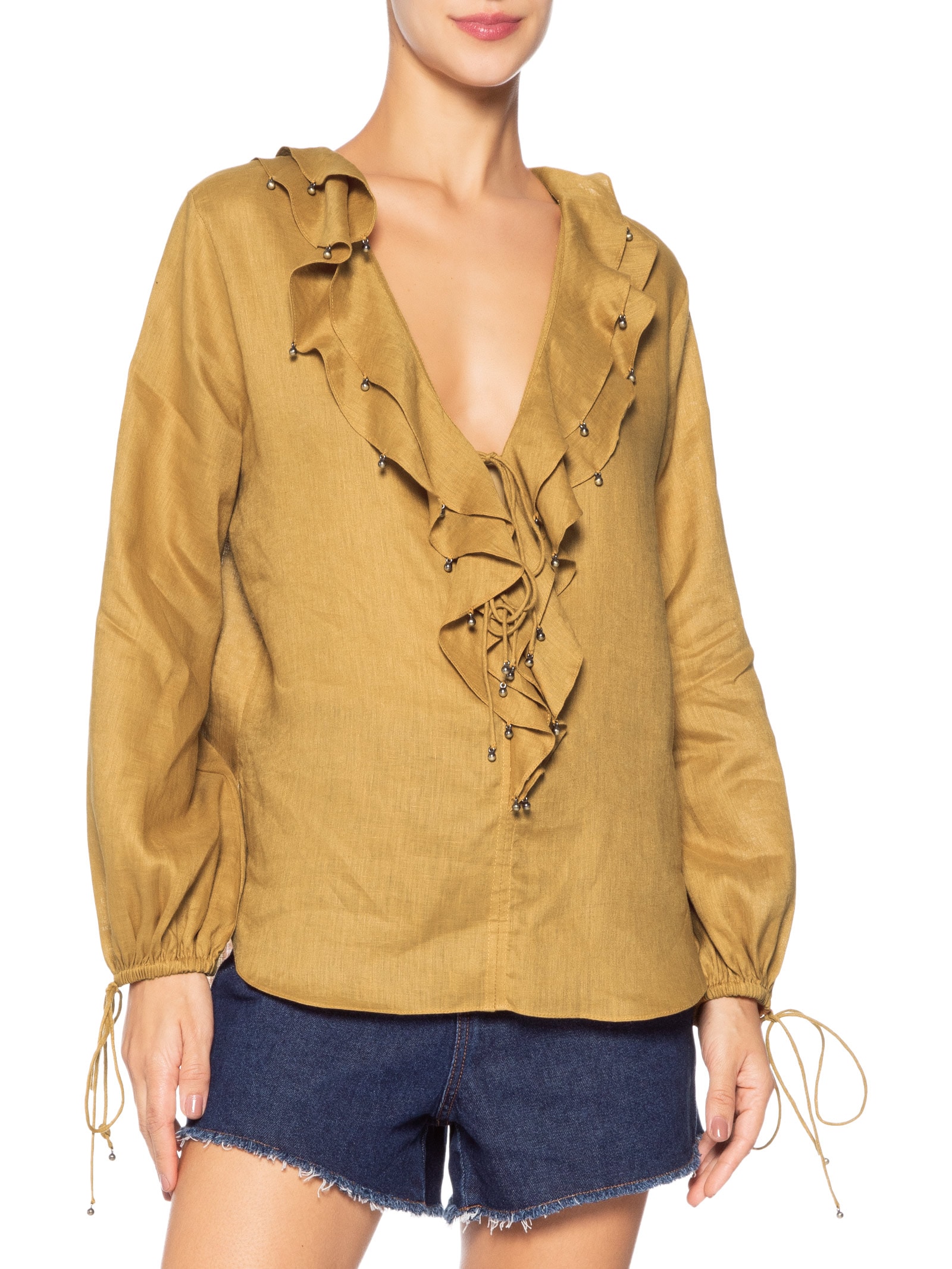 Blusa Feminina Babados em Linho Amarelo Animale