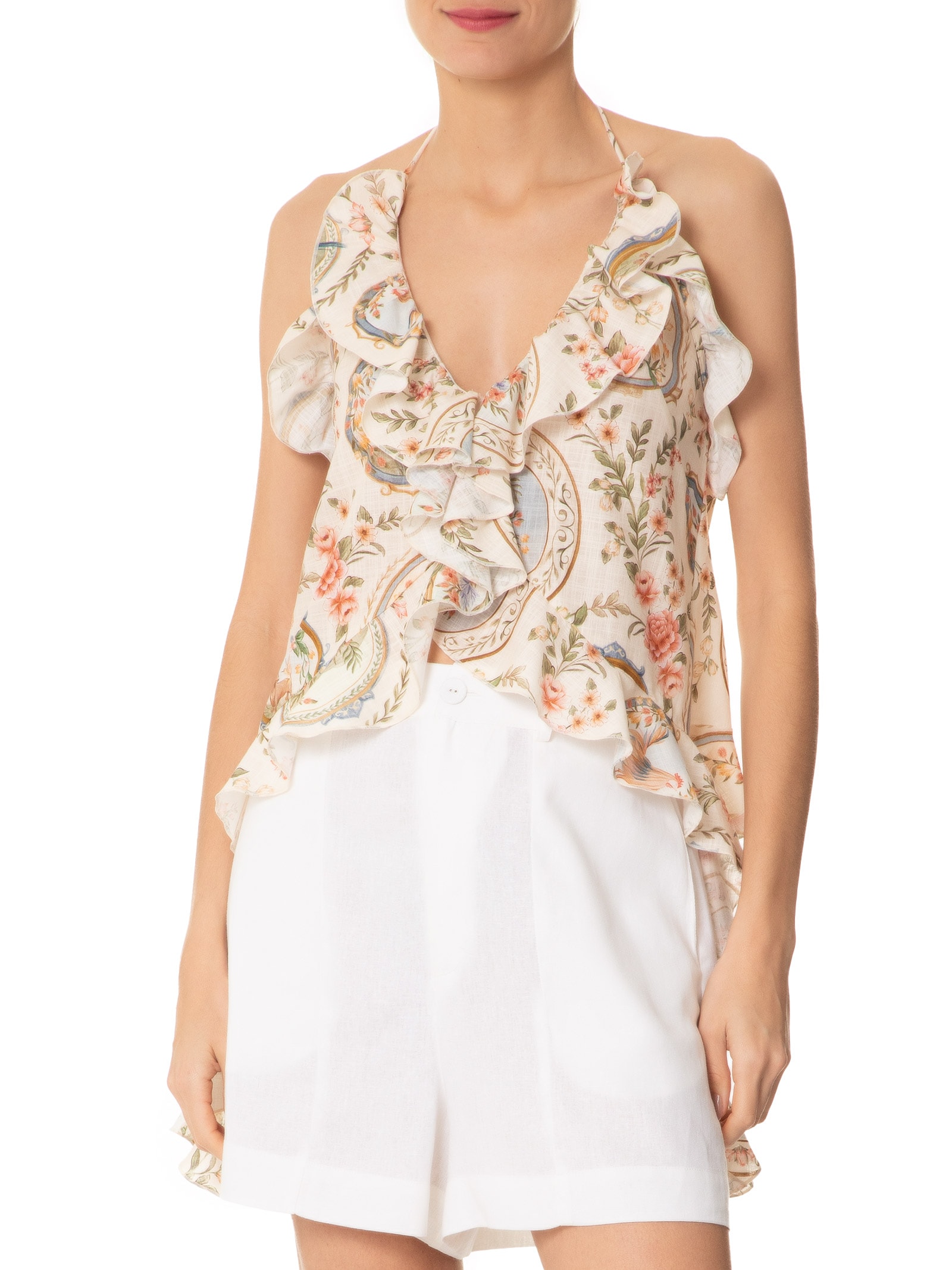 Blusa Feminina Babados Relicário Floral Bege Farm