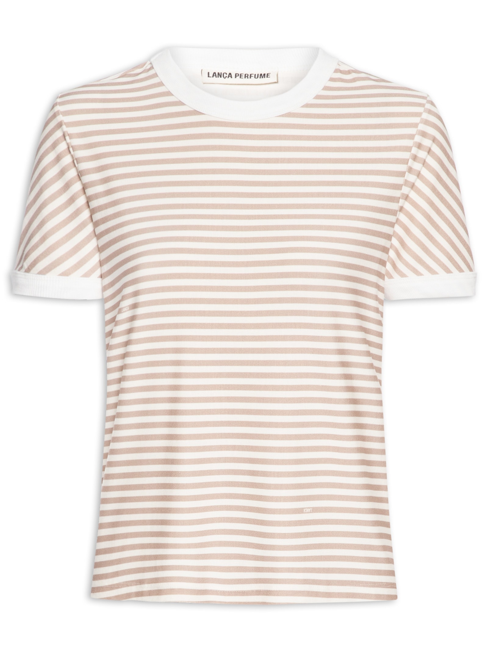 Blusa Feminina Baby Look Estampada Bege Lança Perfume