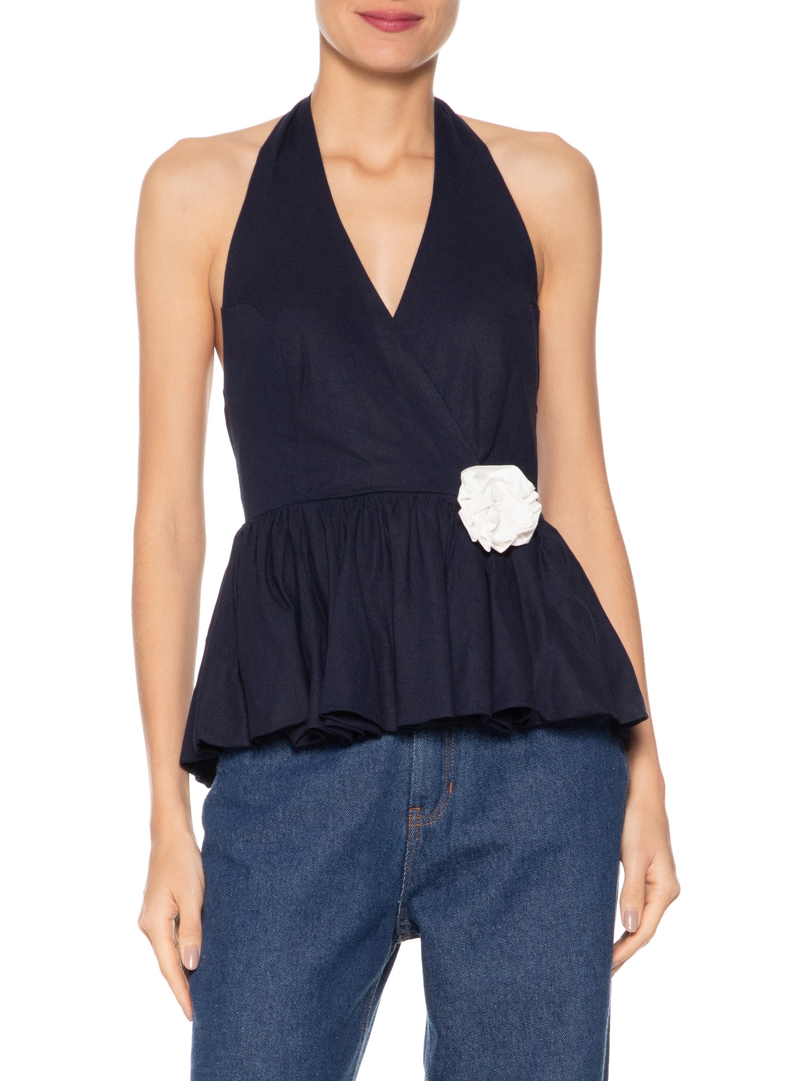 Blusa Feminina Balonê Em Linho Misto Azul '2Essential