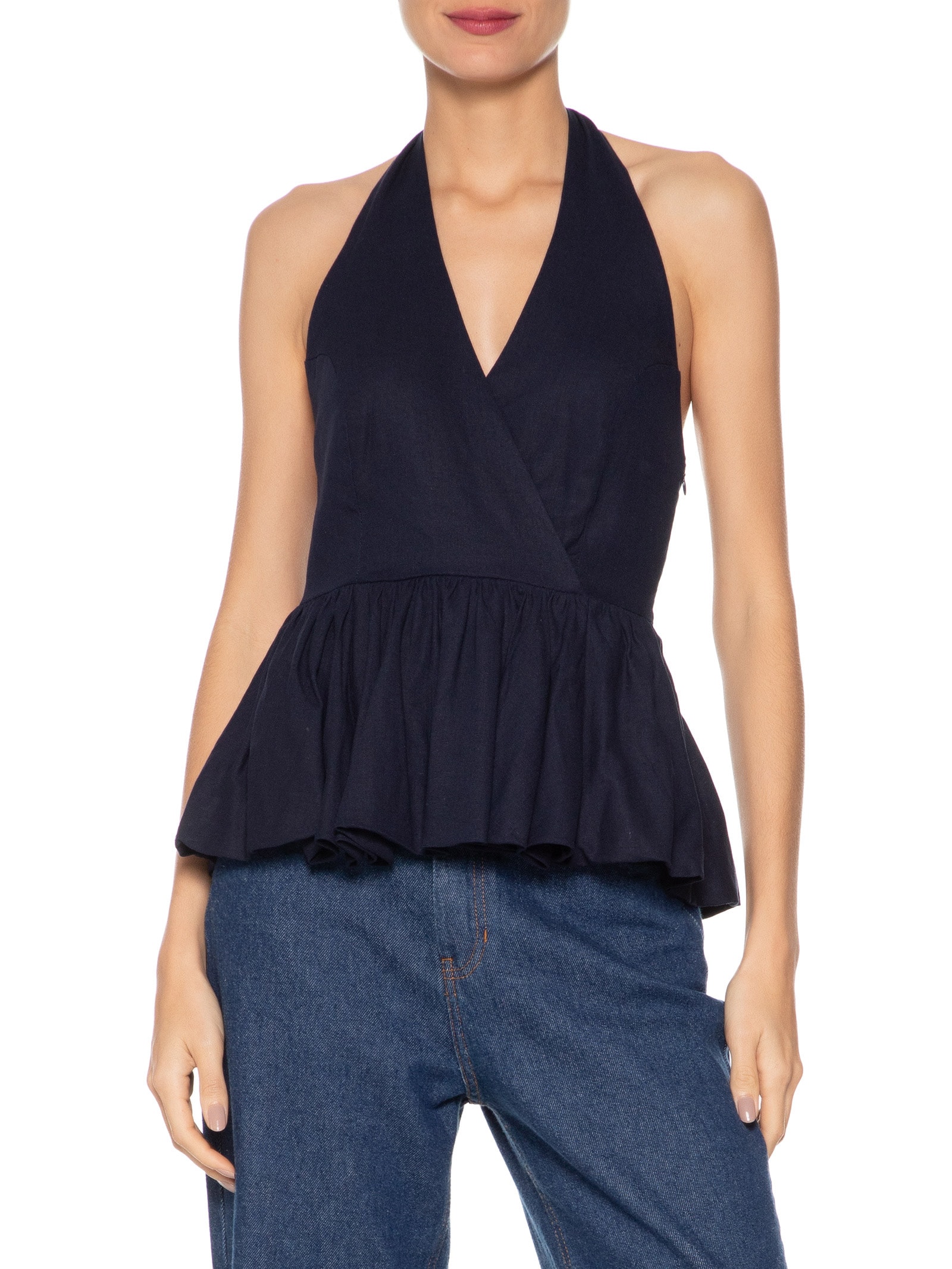 Blusa Feminina Balonê Em Linho Misto Azul '2Essential