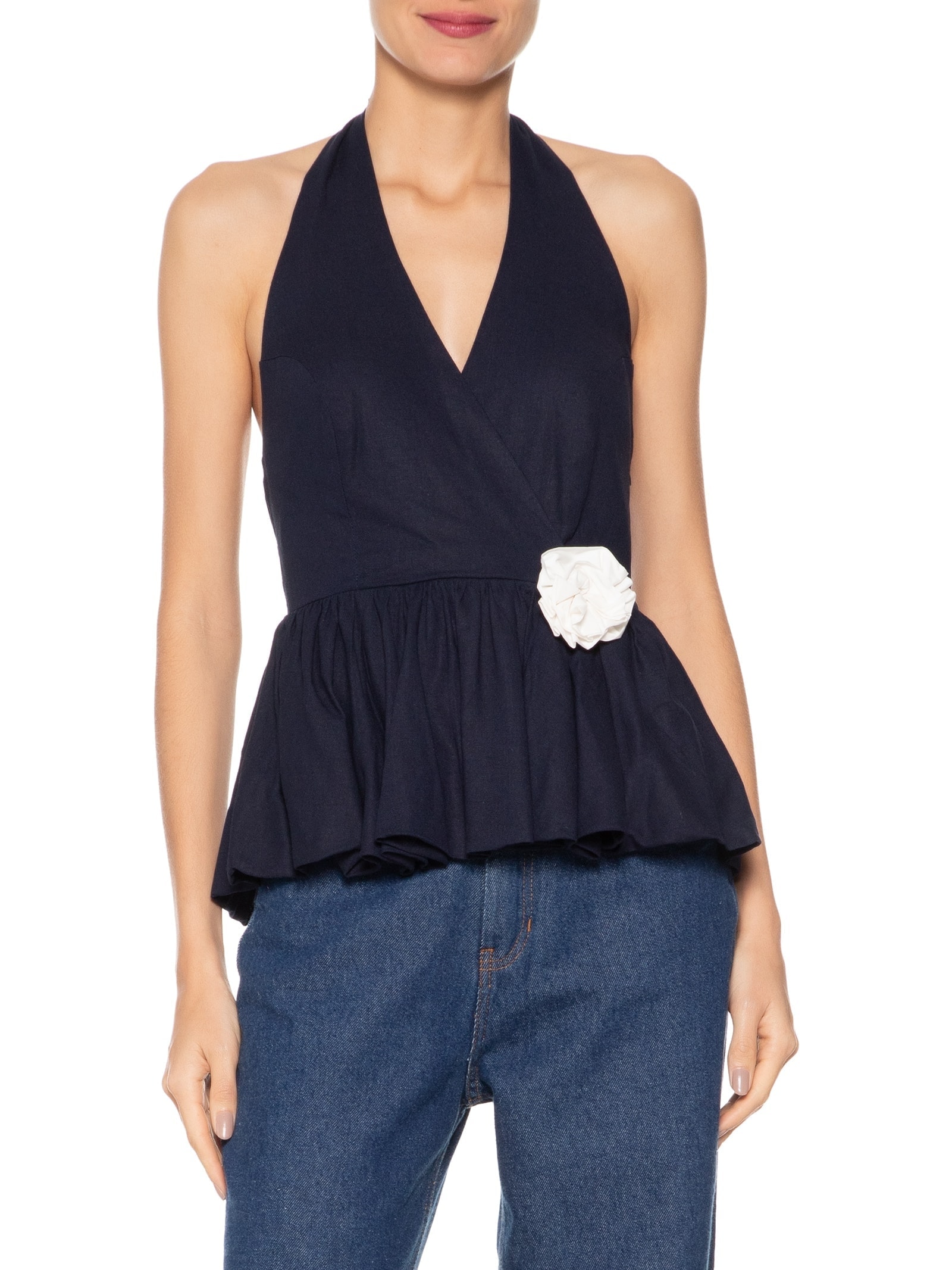 Blusa Feminina Balonê Em Linho Misto Azul '2Essential