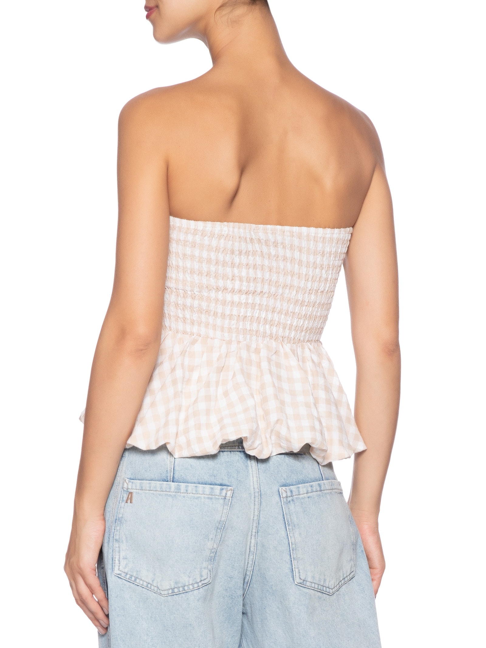 Blusa Feminina Balonê Xadrez Bege Market 33