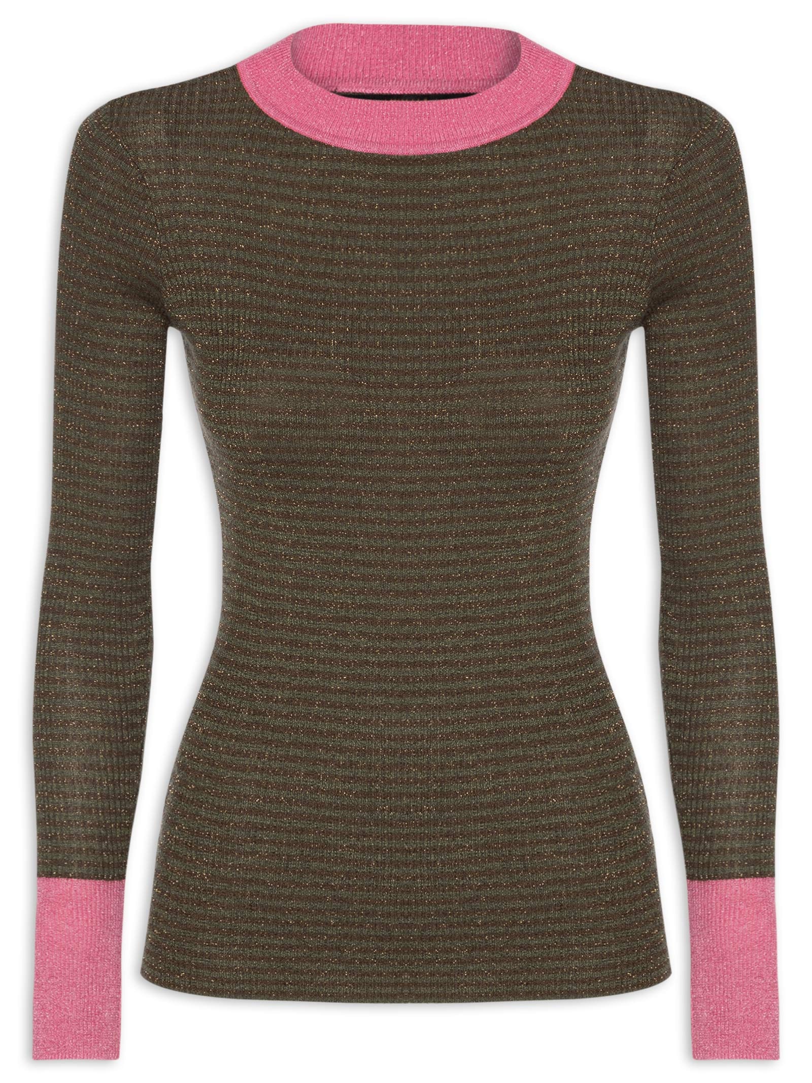 Blusa Feminina Básica De Tricot Listras Com Lurex Verde Animale