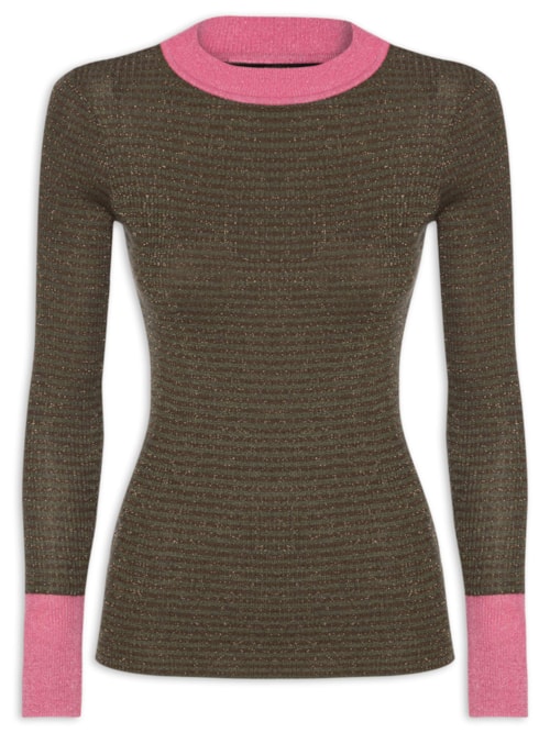 Blusa Feminina Básica De Tricot Listras Com Lurex - Verde