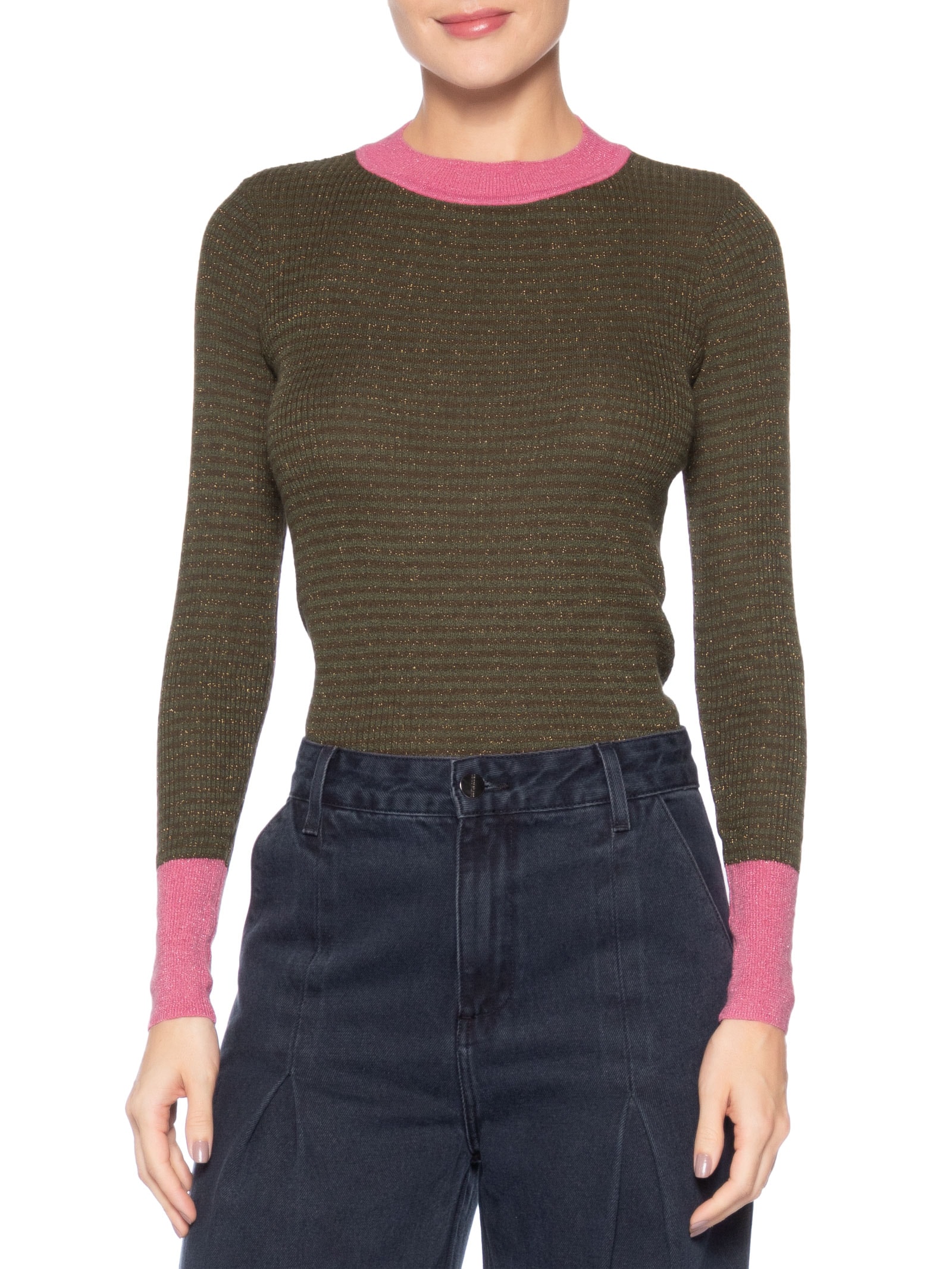 Blusa Feminina Básica De Tricot Listras Com Lurex Verde Animale