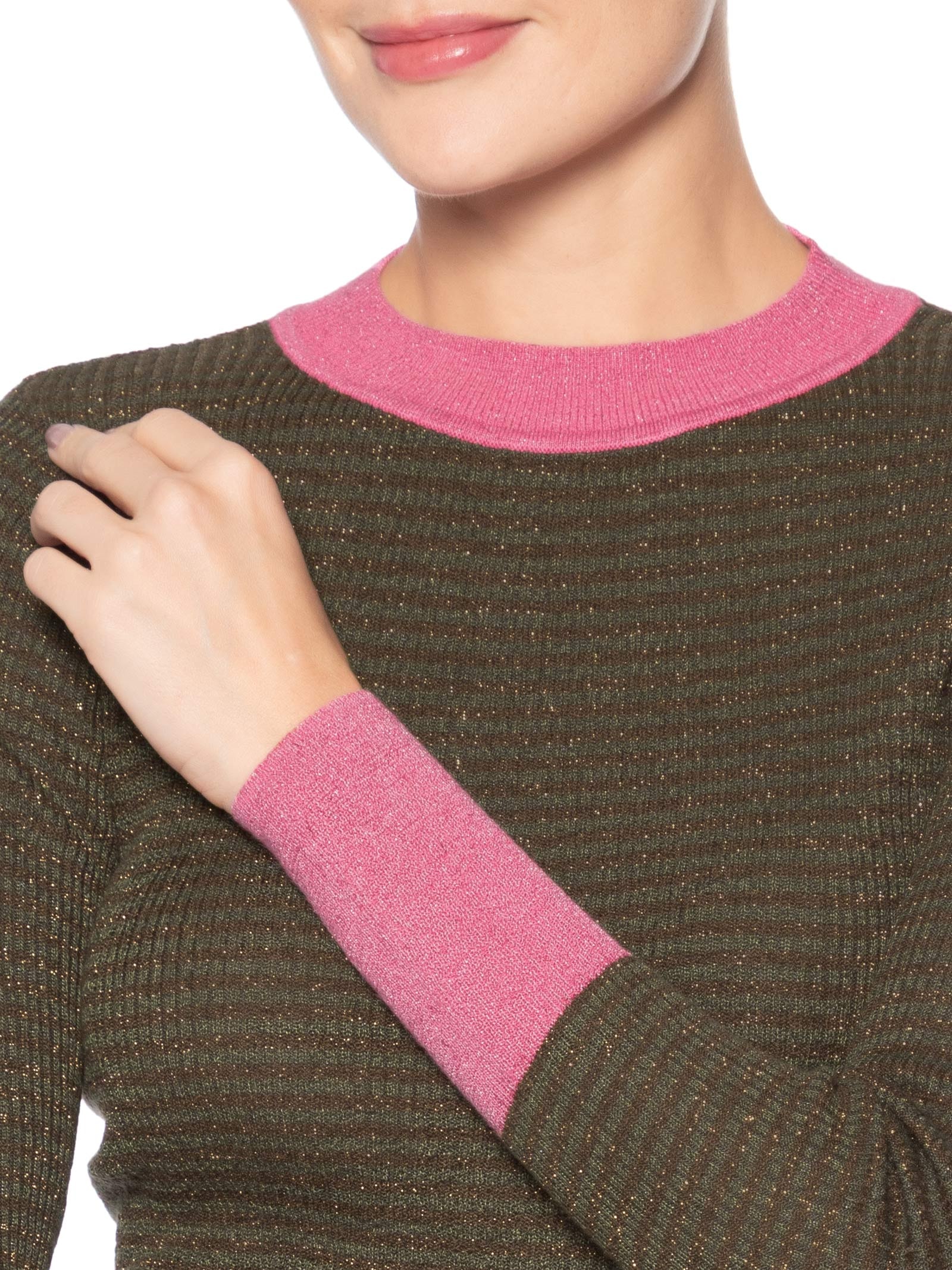 Blusa Feminina Básica De Tricot Listras Com Lurex Verde Animale