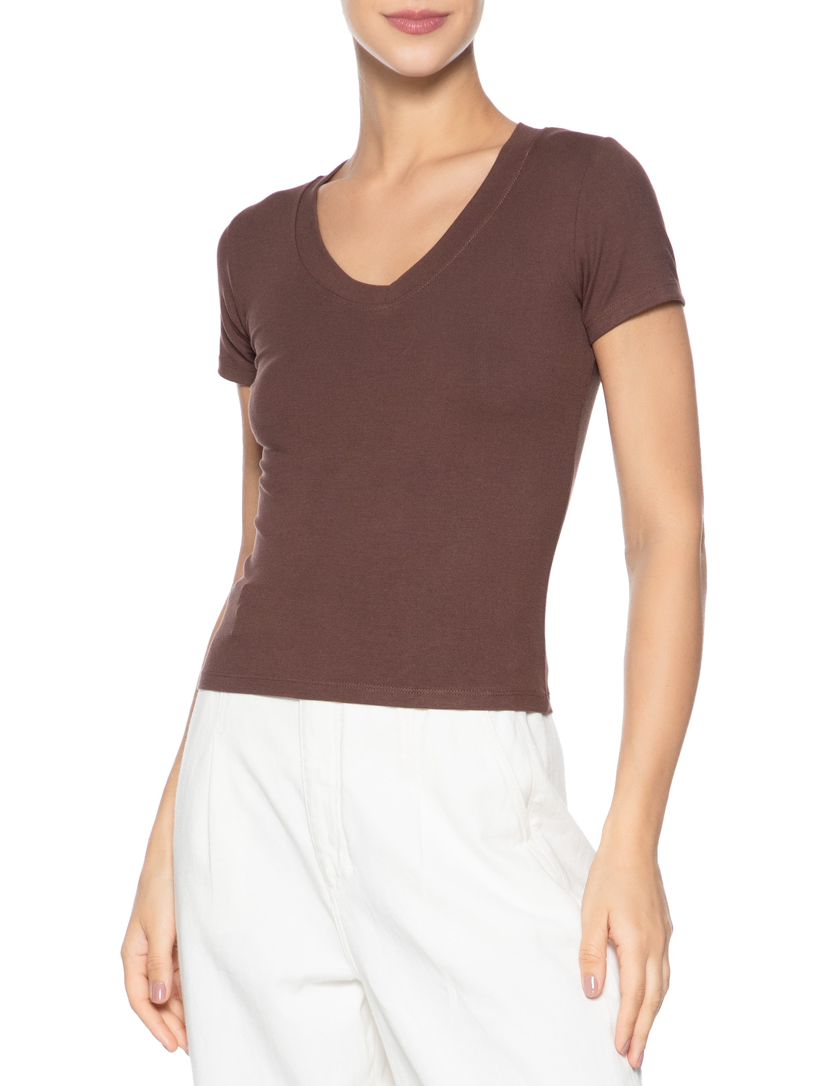 Blusa Feminina Básica Decote V Marrom Basiq