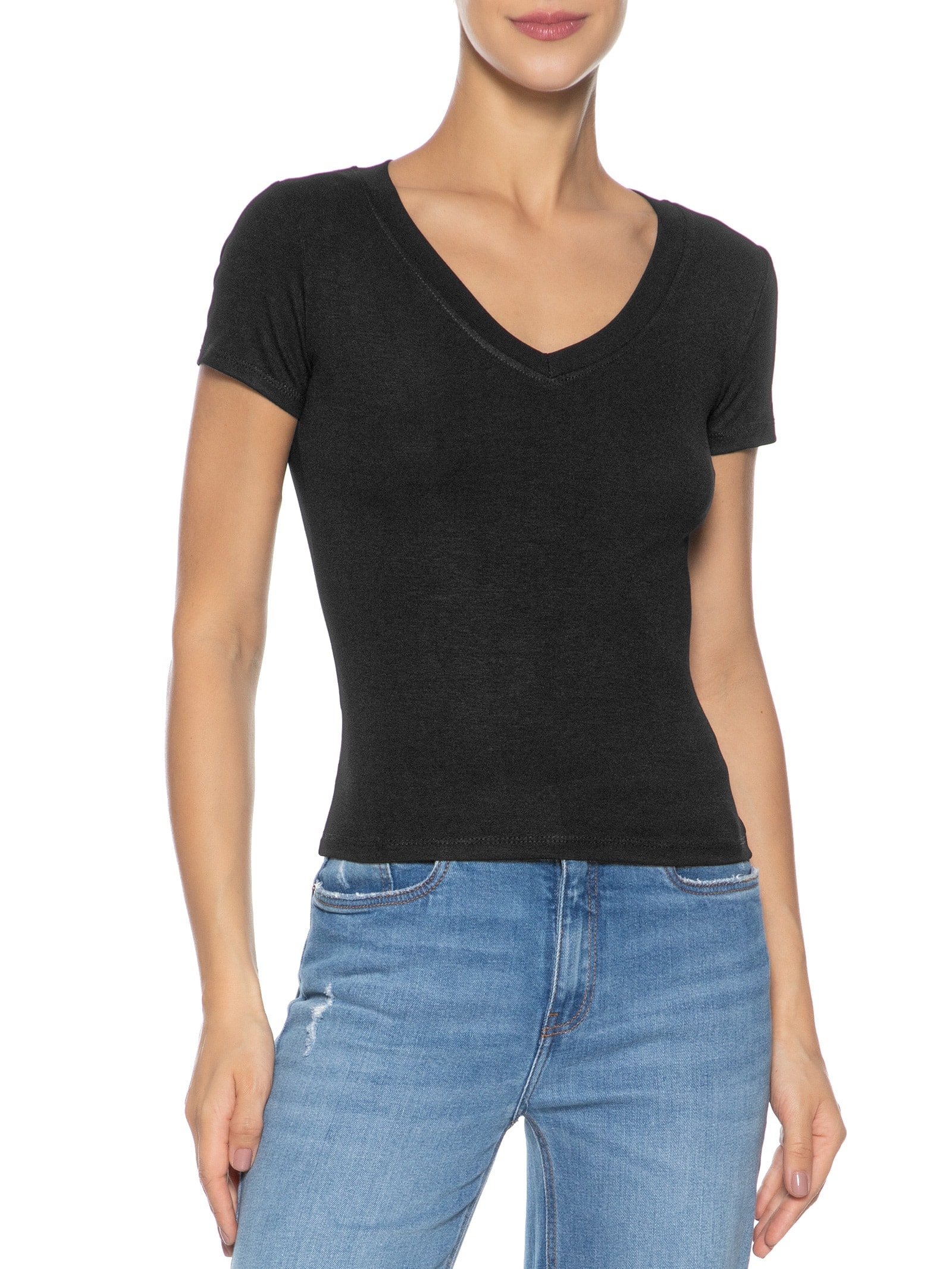 Blusa Feminina Básica Decote V Preto Basiq